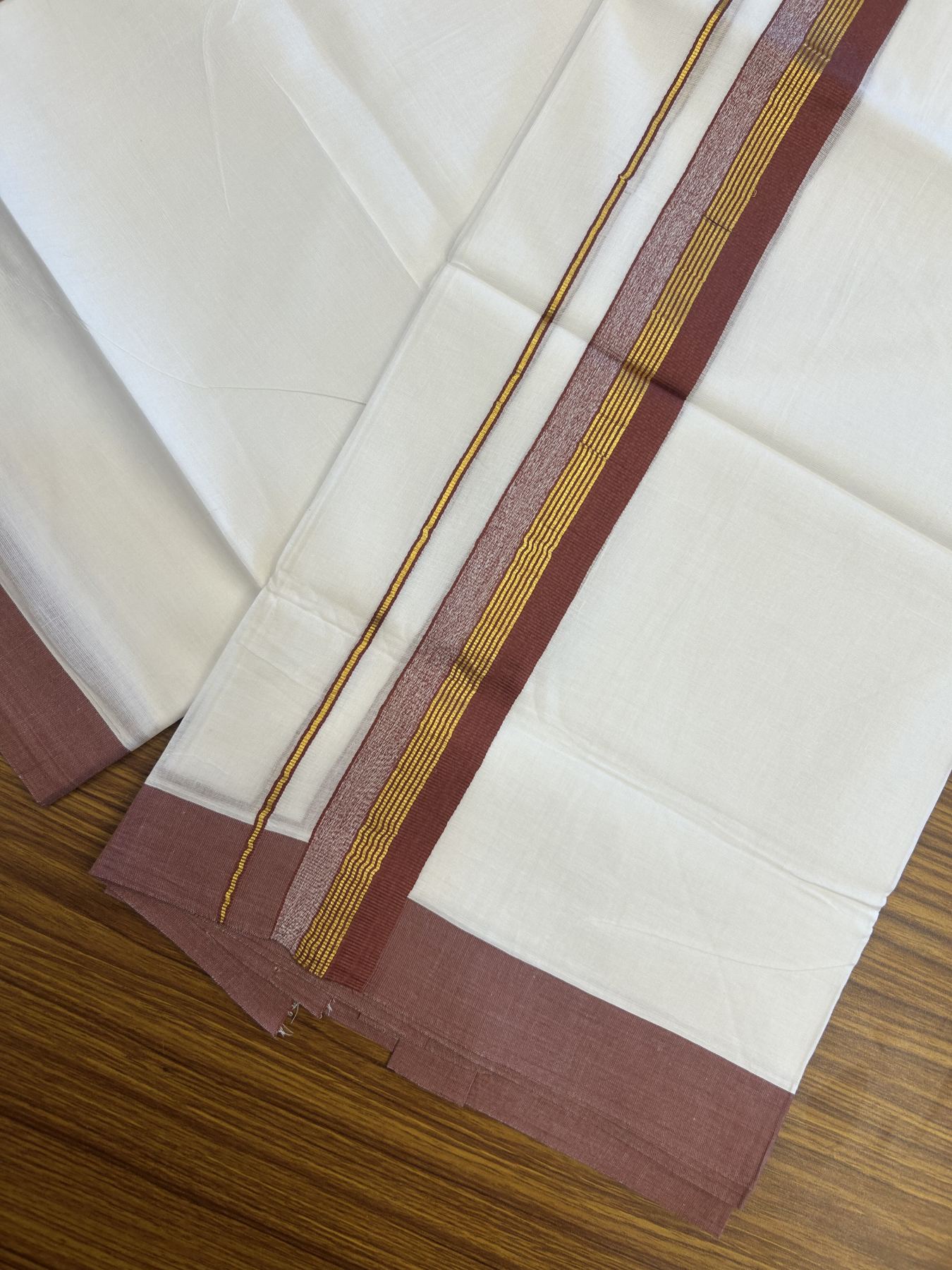 20% Discount! KaithariKada Balaramapuram 100% Cotton Double Pure white Mundu/Dhoti- 100x80 - 1.5 inch Gold Kasav & Pestel Maroon Stripes kara 3.75 mtr (8 muzham) - 41 KK5315 VAS