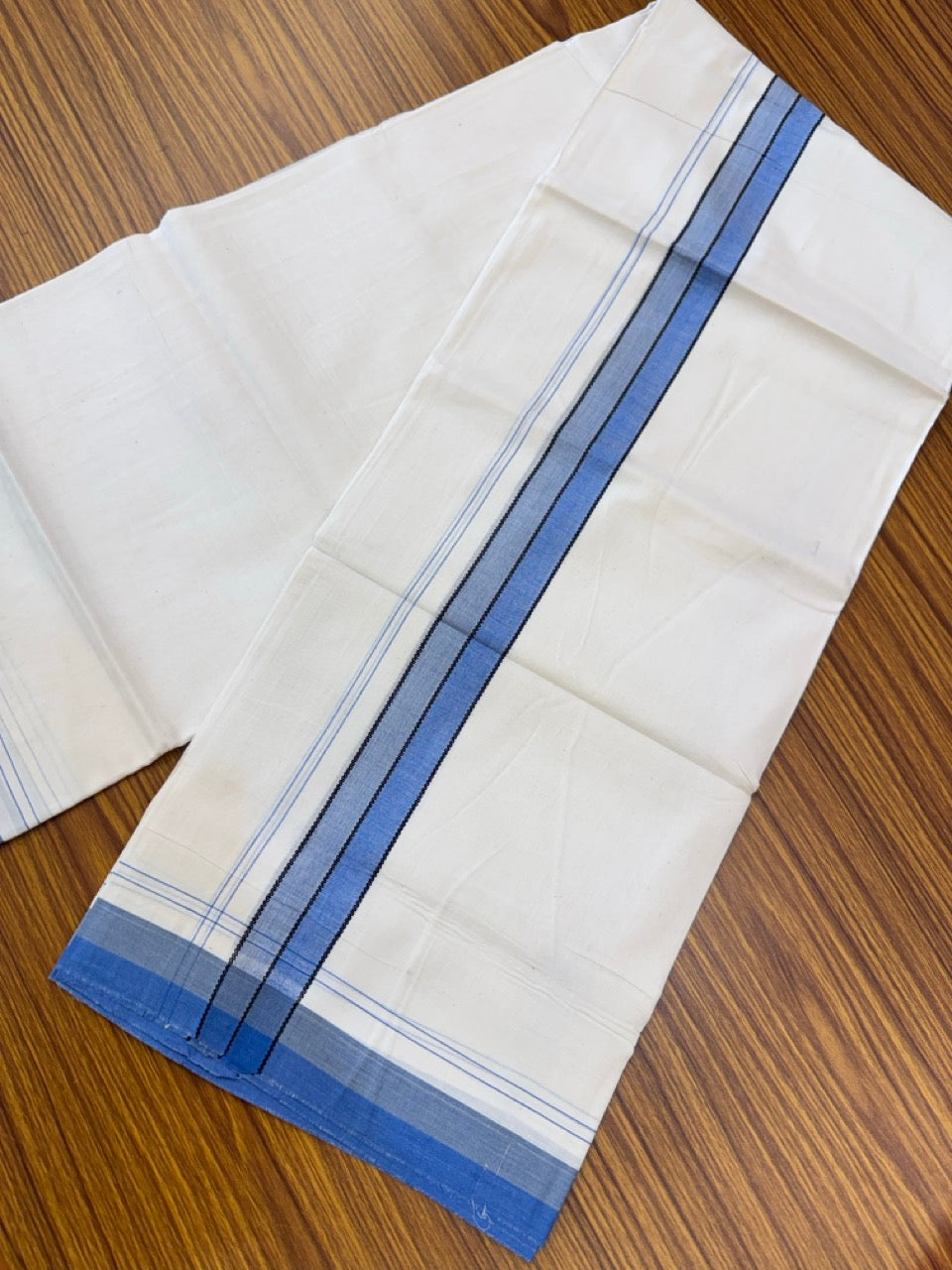 20% Discount! KaithariKada Balaramapuram 100% Cotton Off white Double Mundu/Dhoti - (100x80)S - 1.5 inch Blue & Black Shaded & Striped Kara - 4mtr (8.5muzham) - 96 KK5255 VAS