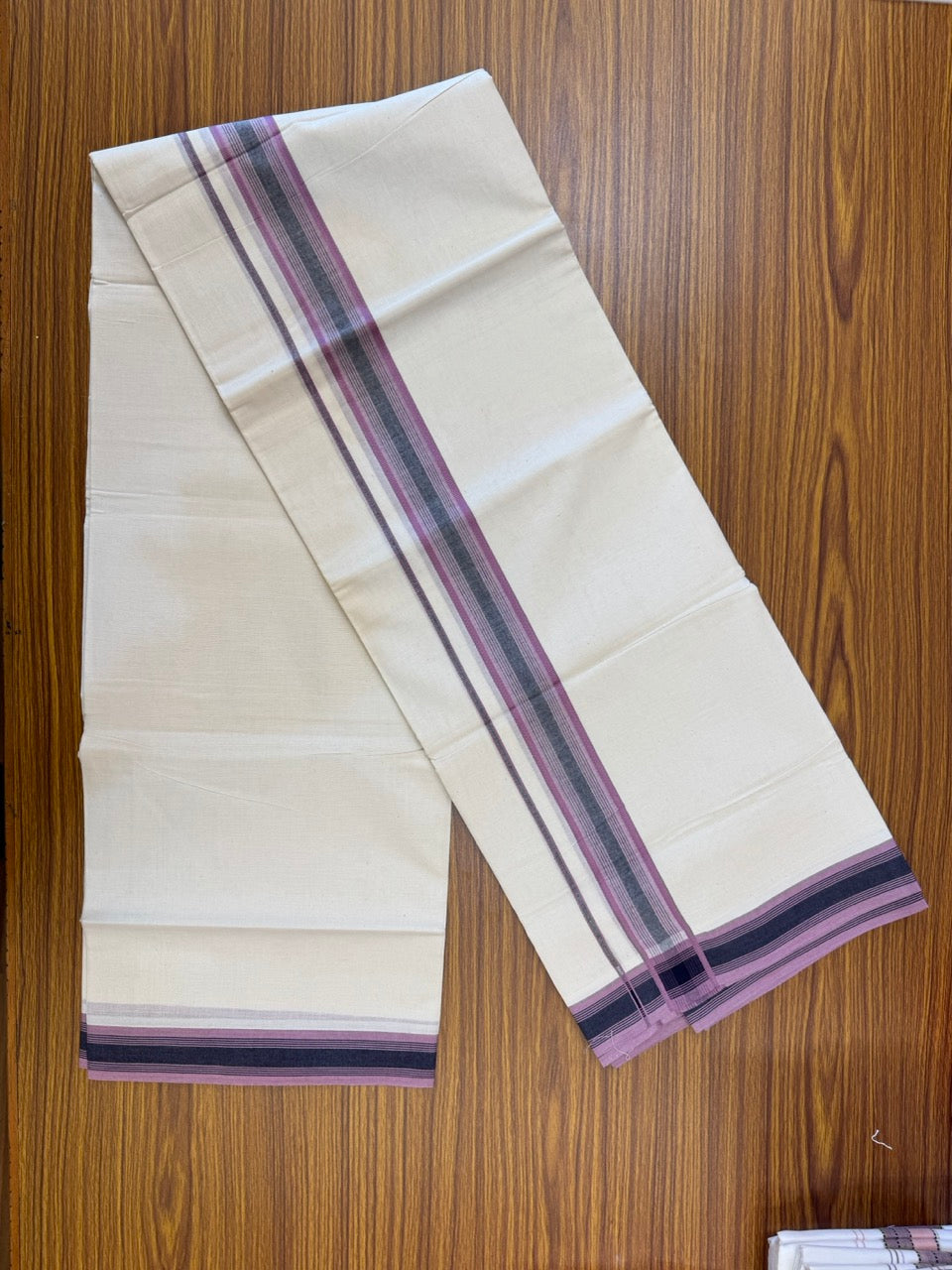 20% Discount! KaithariKada Balaramapuram 100% Cotton Off white Double Mundu/Dhoti - (100x80)S - 1.5 inch Navy Blue & Lavender Pink Shaded & Striped Kara - 4mtr (8.5muzham) - 97 KK5255 VAS