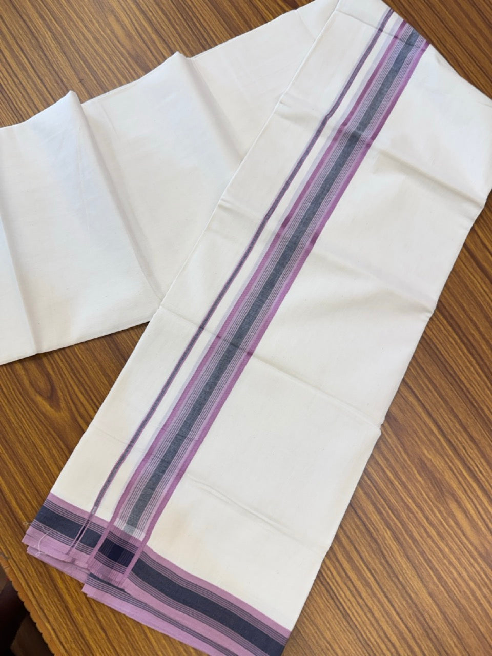 20% Discount! KaithariKada Balaramapuram 100% Cotton Off white Double Mundu/Dhoti - (100x80)S - 1.5 inch Navy Blue & Lavender Pink Shaded & Striped Kara - 4mtr (8.5muzham) - 97 KK5255 VAS