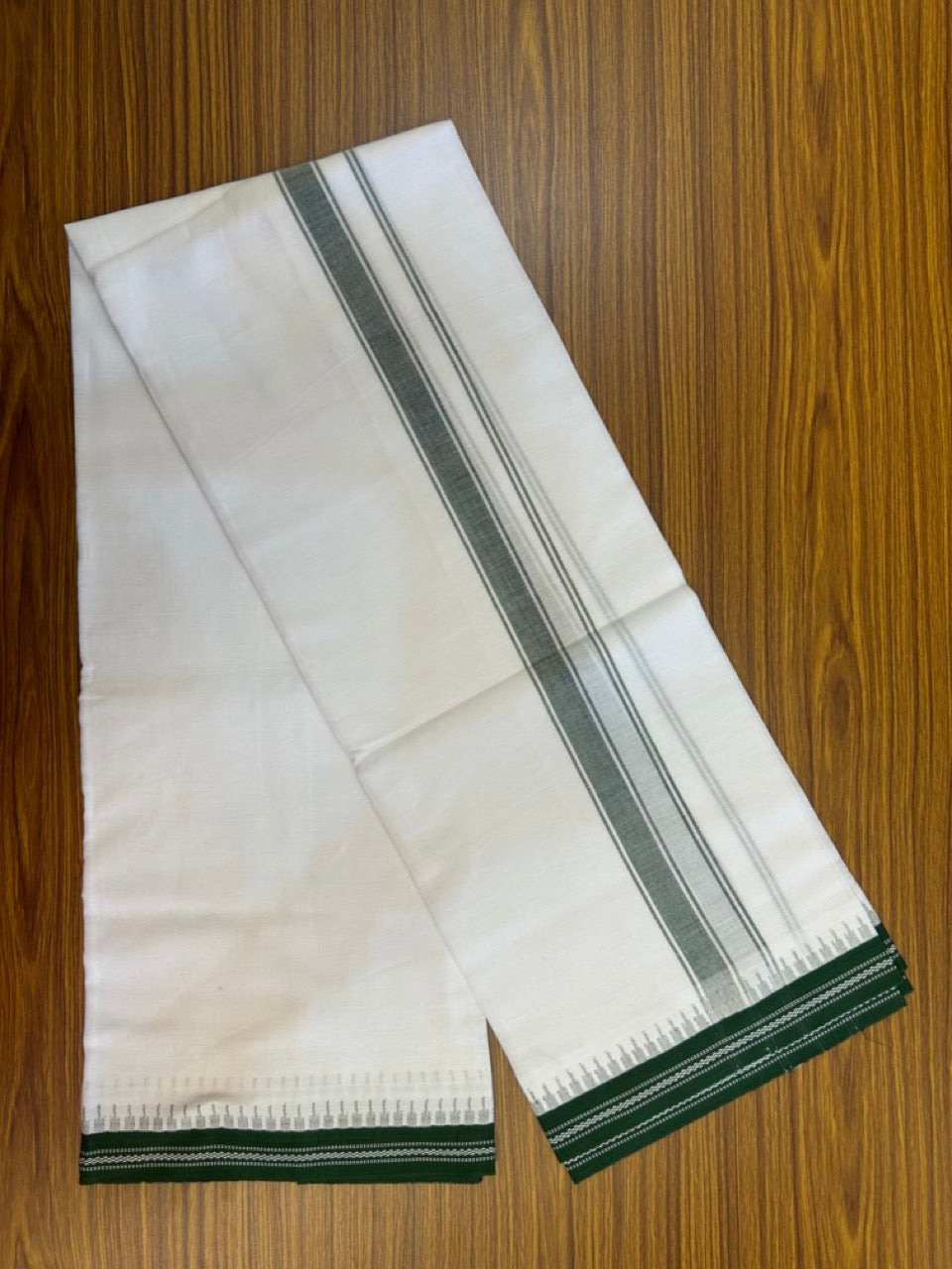 Premium Kathar Type Mercerised Pure Cotton Single Mund Kaitharikada Special - Kaily / Lungi - 1 inch Green Striped kara White Body Kuppadam Border (2 meter / 4 muzham) - 1 KK8034 MUT