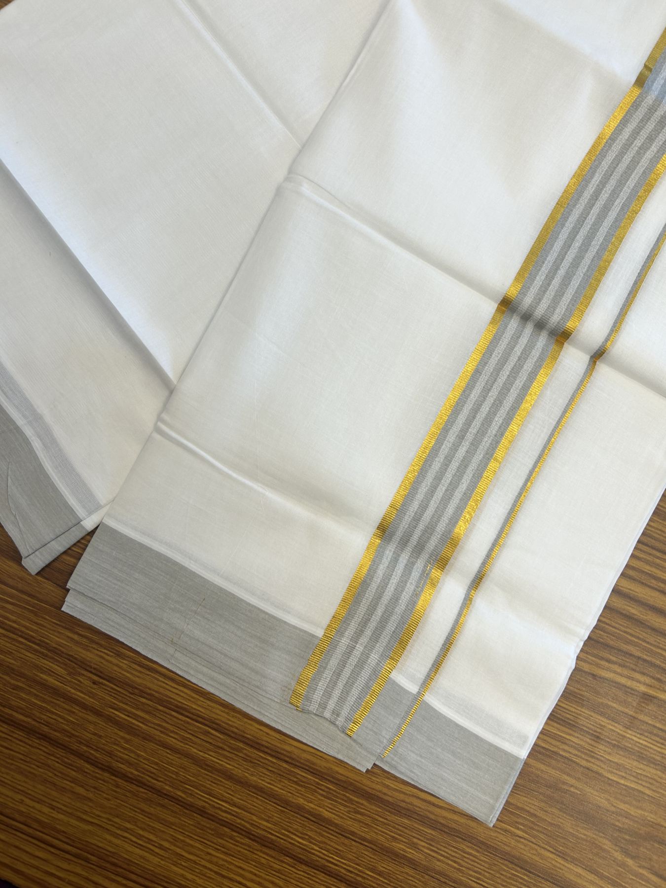20% Discount! KaithariKada Balaramapuram 100% Cotton Double Pure white Mundu/Dhoti- 100x80 - 1.5 inch Gold Kasav & Grey Stripes kara 3.75 mtr (8 muzham) - 44 KK5315 VAS