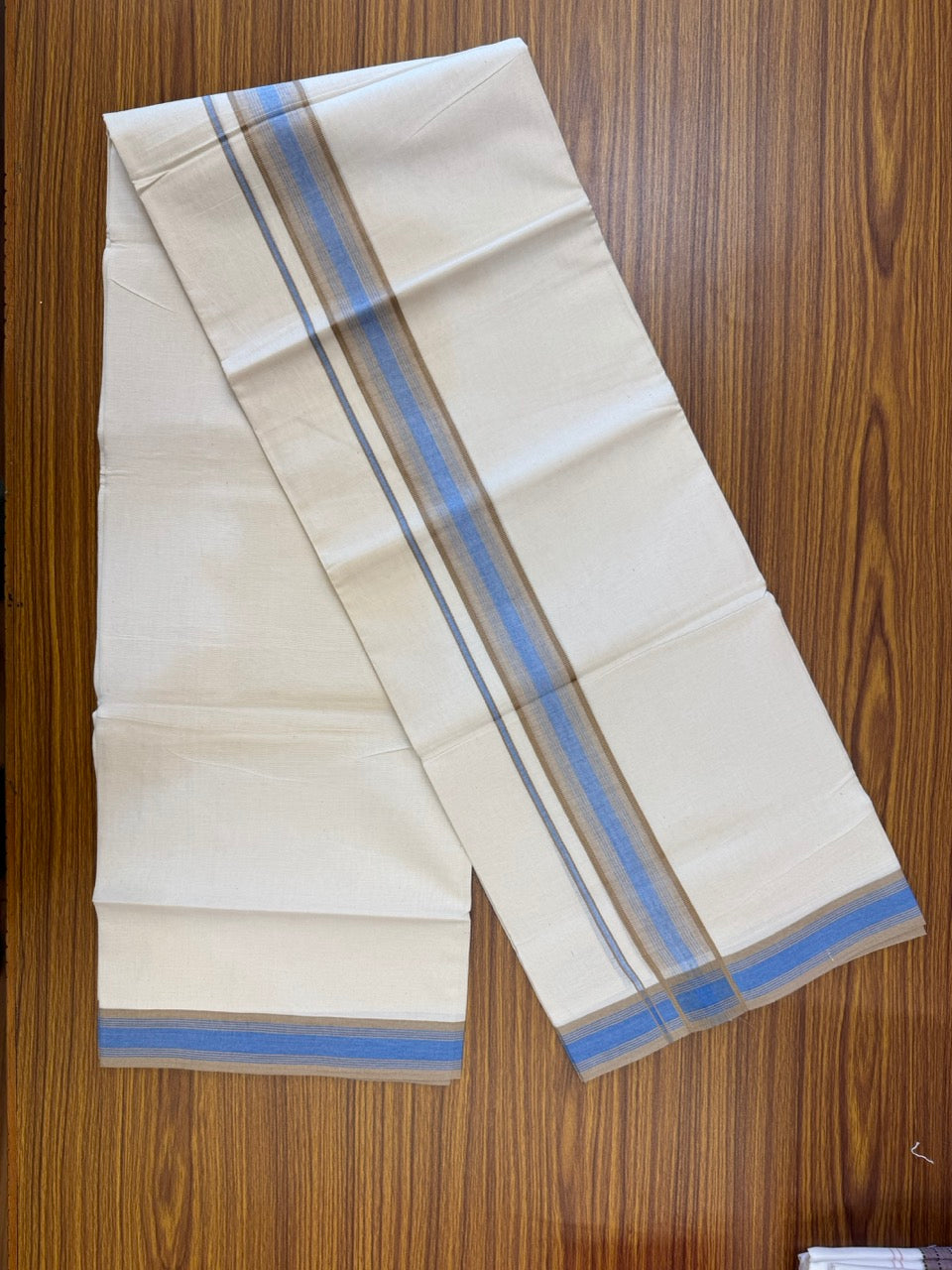 20% Discount! KaithariKada Balaramapuram 100% Cotton Off white Double Mundu/Dhoti - (100x80)S - 1.75 inch Blue & Sand Brown Shaded & Striped Kara - 4mtr (8.5muzham) - 98 KK5255 VAS