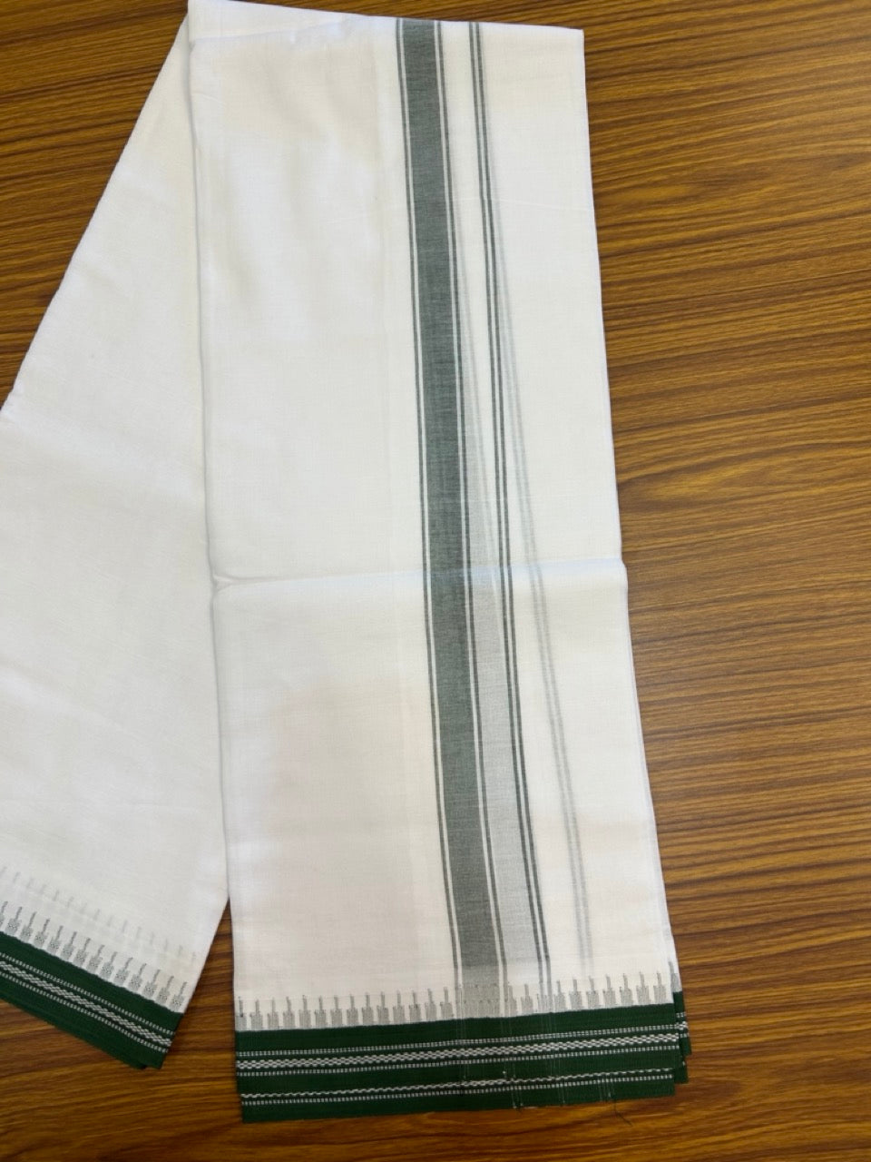 Premium Kathar Type Mercerised Pure Cotton Single Mund Kaitharikada Special - Kaily / Lungi - 1 inch Green Striped kara White Body Kuppadam Border (2 meter / 4 muzham) - 1 KK8034 MUT