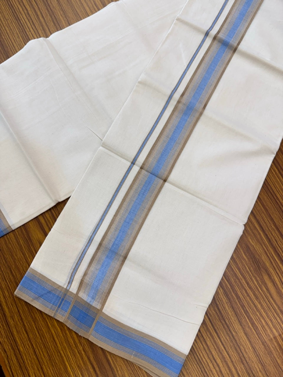 20% Discount! KaithariKada Balaramapuram 100% Cotton Off white Double Mundu/Dhoti - (100x80)S - 1.75 inch Blue & Sand Brown Shaded & Striped Kara - 4mtr (8.5muzham) - 98 KK5255 VAS