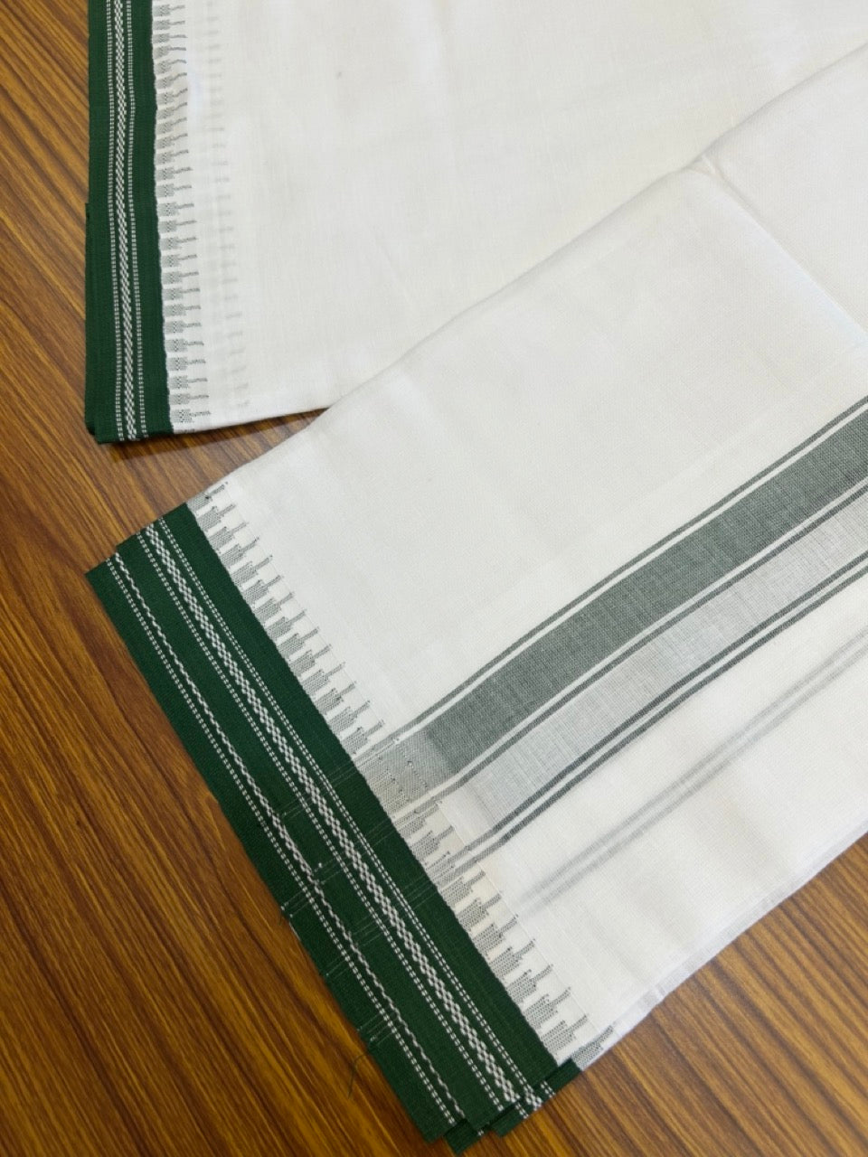 Premium Kathar Type Mercerised Pure Cotton Single Mund Kaitharikada Special - Kaily / Lungi - 1 inch Green Striped kara White Body Kuppadam Border (2 meter / 4 muzham) - 1 KK8034 MUT