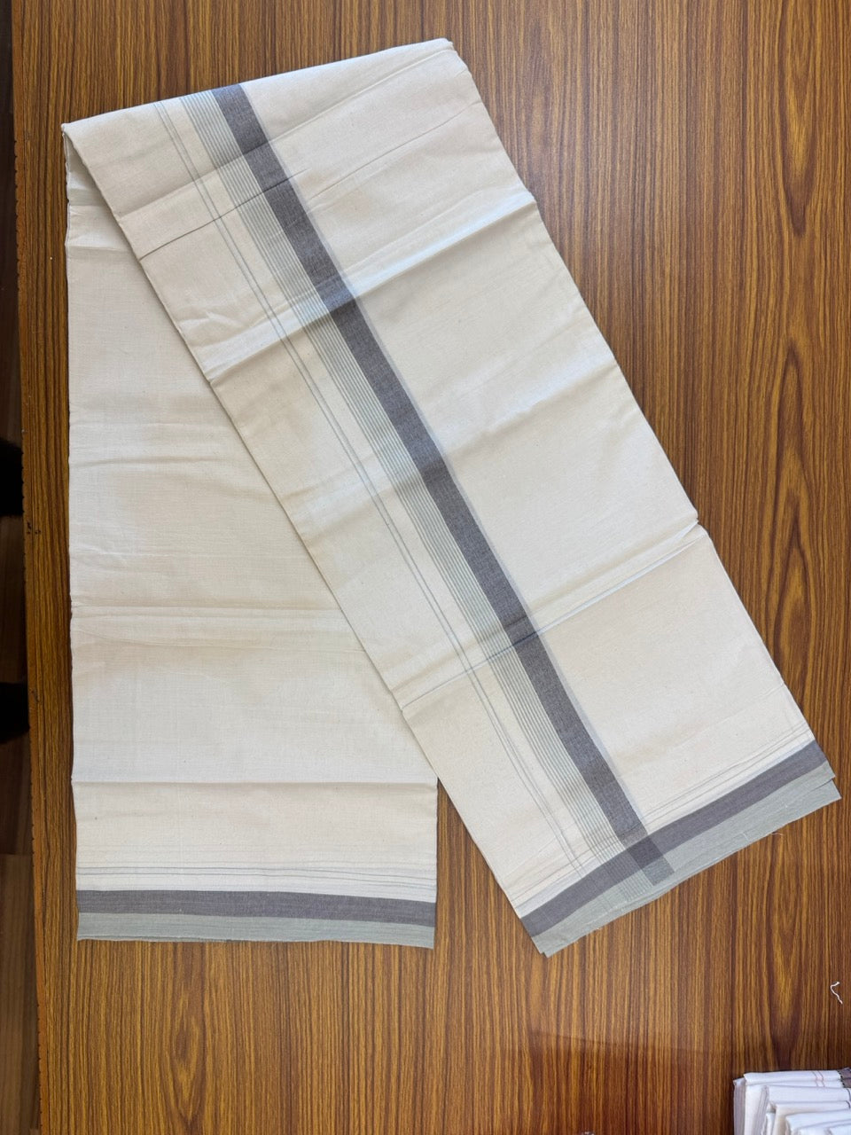 20% Discount! KaithariKada Balaramapuram 100% Cotton Off white Double Mundu/Dhoti - (100x80)S - 1.5 inch Mint Green & Grey Shaded & Striped Kara - 4mtr (8.5muzham) - 99 KK5255 VAS