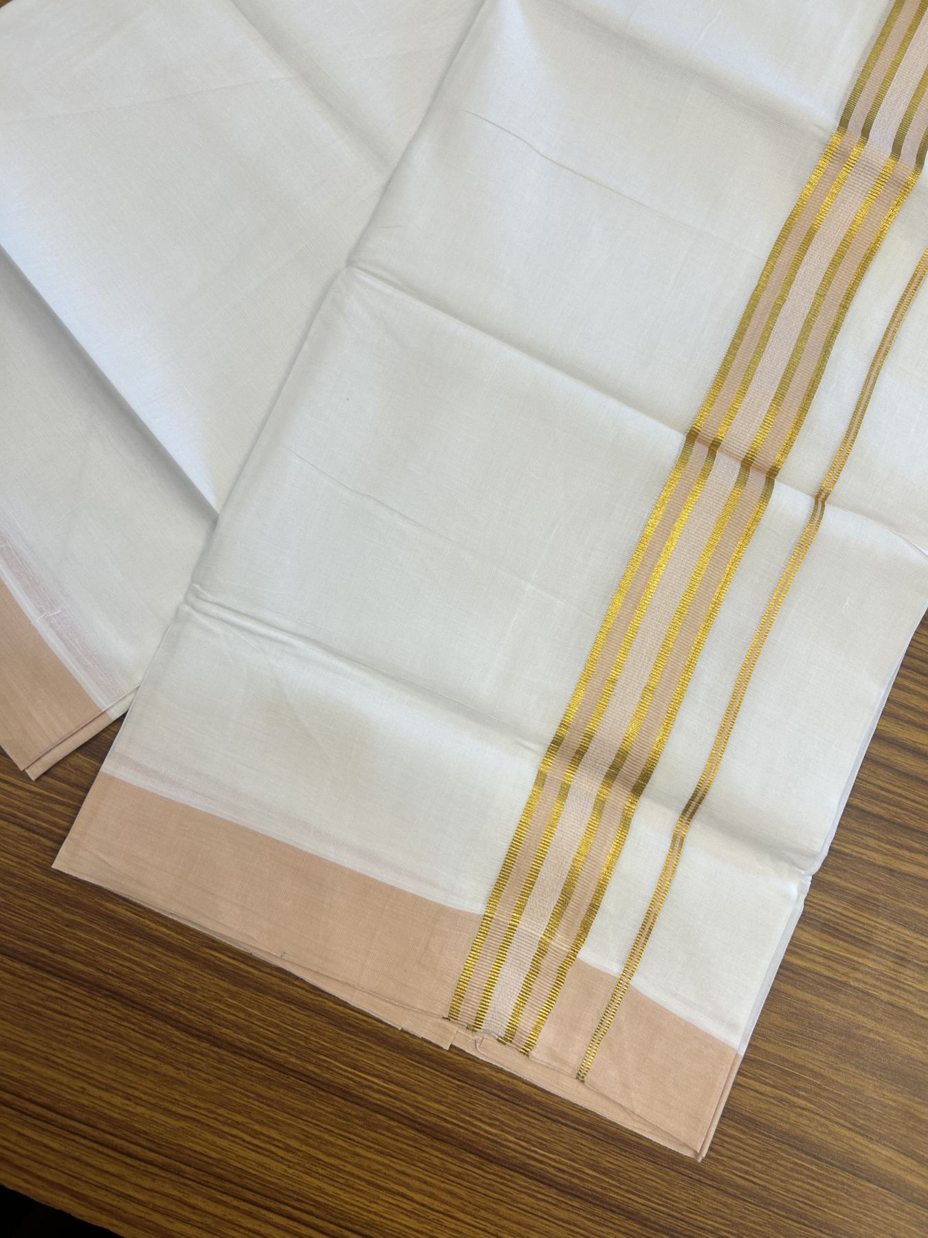 20% Discount! KaithariKada Balaramapuram 100% Cotton Double Pure white Mundu/Dhoti- 100x80 - 1.25 inch Gold Kasav & Pestel Peach kara 3.75 mtr ( 8 muzham) - 9 KK5315 VAS