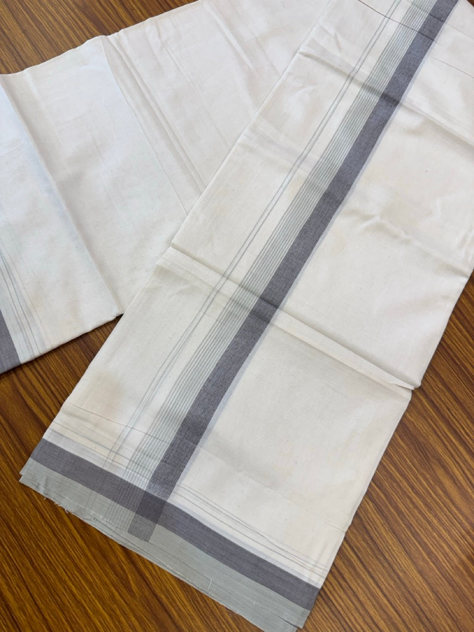 20% Discount! KaithariKada Balaramapuram 100% Cotton Off white Double Mundu/Dhoti - (100x80)S - 1.5 inch Mint Green & Grey Shaded & Striped Kara - 4mtr (8.5muzham) - 99 KK5255 VAS