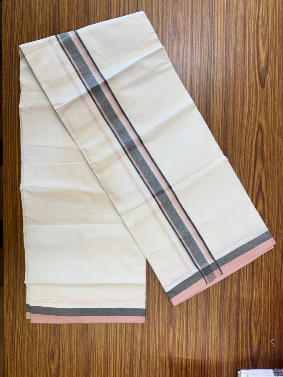 20% Discount! KaithariKada Balaramapuram 100% Cotton Off white Double Mundu/Dhoti - (100x80)S - 1.5 inch Green & Peach Shaded & Striped Kara - 4mtr (8.5muzham) - 100 KK5255 VAS