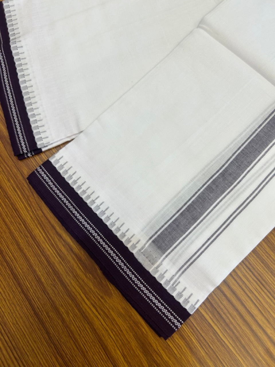 Premium Kathar Type Mercerised Pure Cotton Single Mund Kaitharikada Special - Kaily / Lungi - 1 inch Light Purple Striped kara White Body Kuppadam Border (2 meter / 4 muzham) - 2 KK8034 MUT