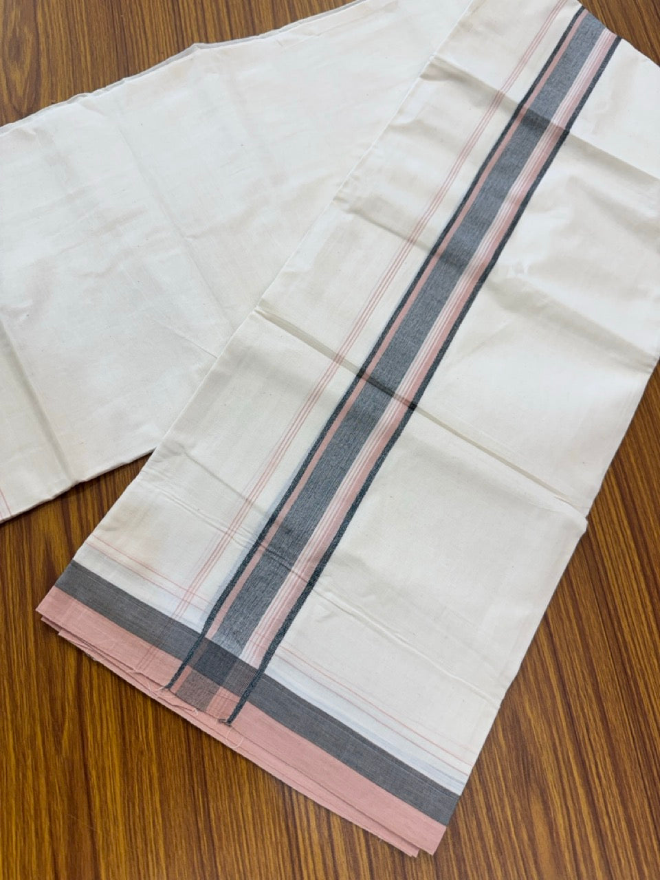 20% Discount! KaithariKada Balaramapuram 100% Cotton Off white Double Mundu/Dhoti - (100x80)S - 1.5 inch Green & Peach Shaded & Striped Kara - 4mtr (8.5muzham) - 100 KK5255 VAS