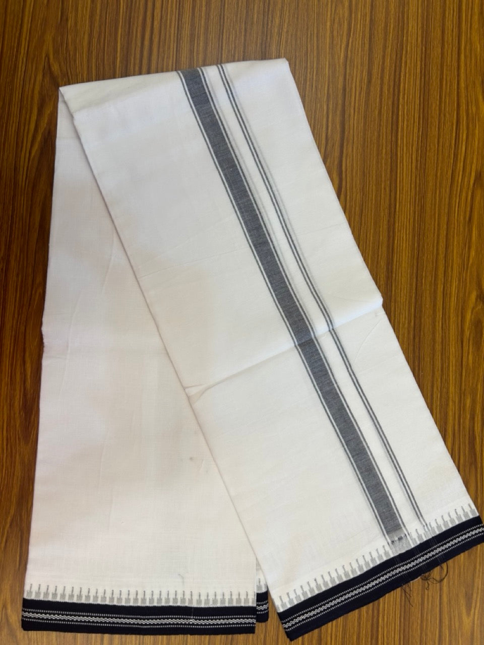Premium Kathar Type Mercerised Pure Cotton Single Mund Kaitharikada Special - Kaily / Lungi - 1 inch Dark Navy Blue Striped kara White Body Kuppadam Border (2 meter / 4 muzham) - 3 KK8034 MUT