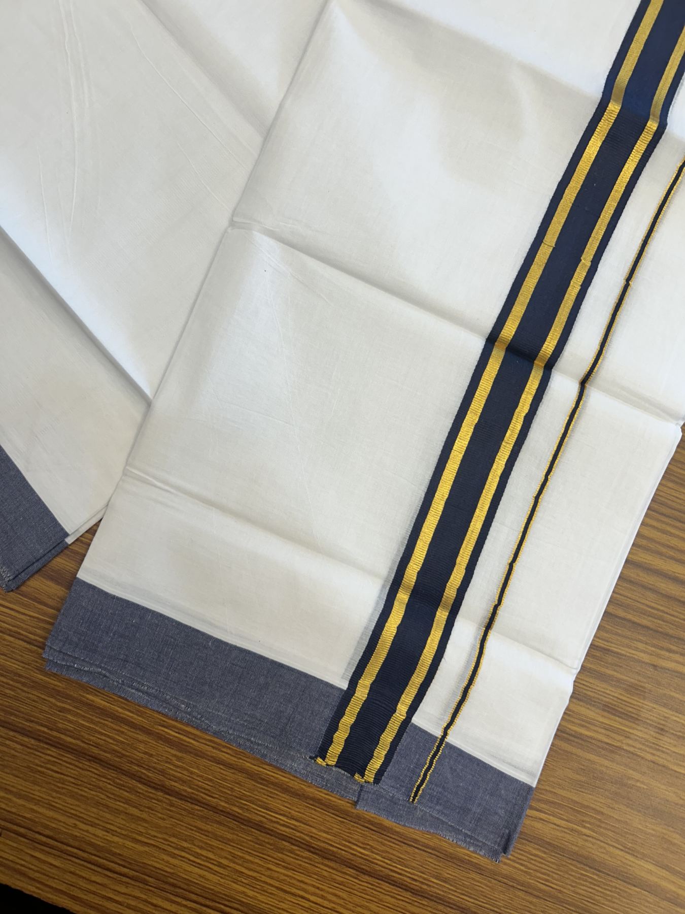 20% Discount! KaithariKada Balaramapuram 100% Cotton Double Pure white Mundu/Dhoti- 100x80 - 1.5 inch Gold Kasav & Navy Blue Stripes kara 3.75 mtr (8 muzham) - 46 KK5315 VAS