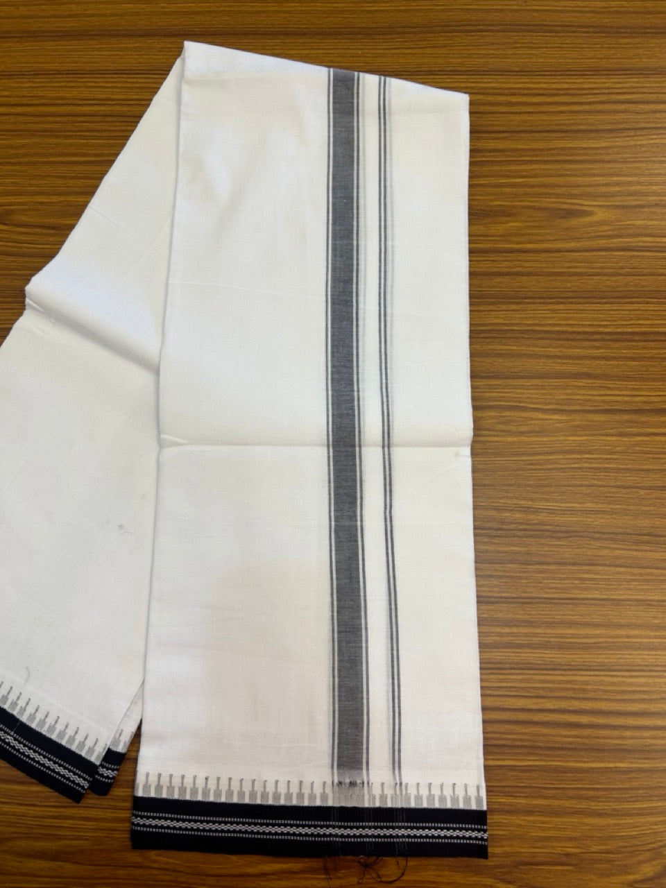 Premium Kathar Type Mercerised Pure Cotton Single Mund Kaitharikada Special - Kaily / Lungi - 1 inch Dark Navy Blue Striped kara White Body Kuppadam Border (2 meter / 4 muzham) - 3 KK8034 MUT