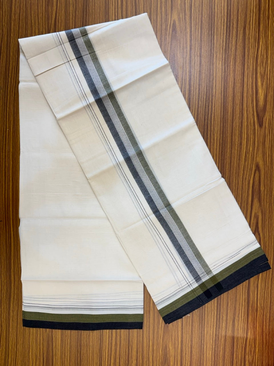 20% Discount! KaithariKada Balaramapuram 100% Cotton Off white Double Mundu/Dhoti - (100x80)S - 1.5 inch Olive Green & Black Shaded & Striped Kara - 4mtr (8.5muzham) - 102 KK5255 VAS