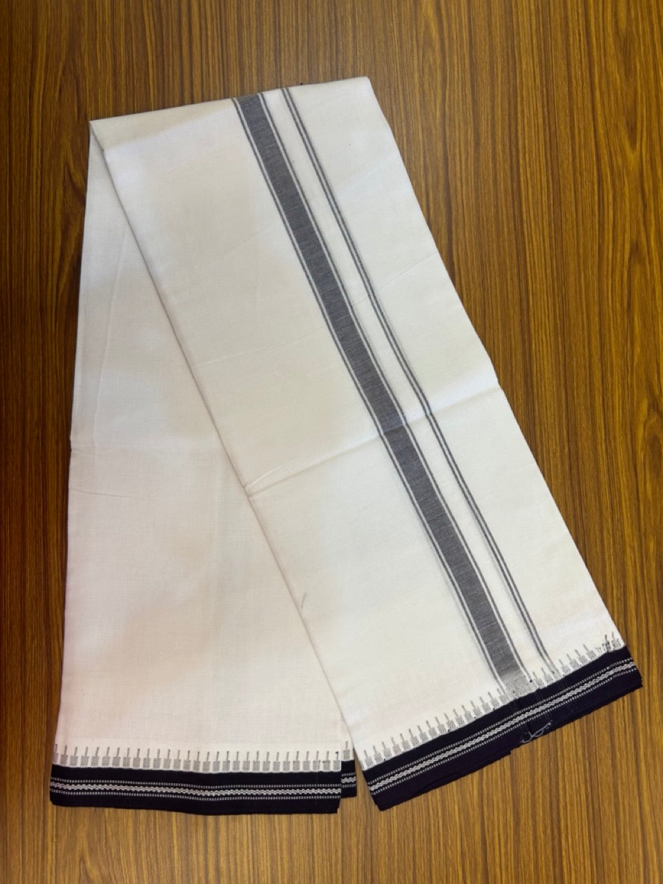 Premium Kathar Type Mercerised Pure Cotton Single Mund Kaitharikada Special - Kaily / Lungi - 1 inch Dark Purple Striped kara White Body Kuppadam Border (2 meter / 4 muzham) - 4 KK8034 MUT