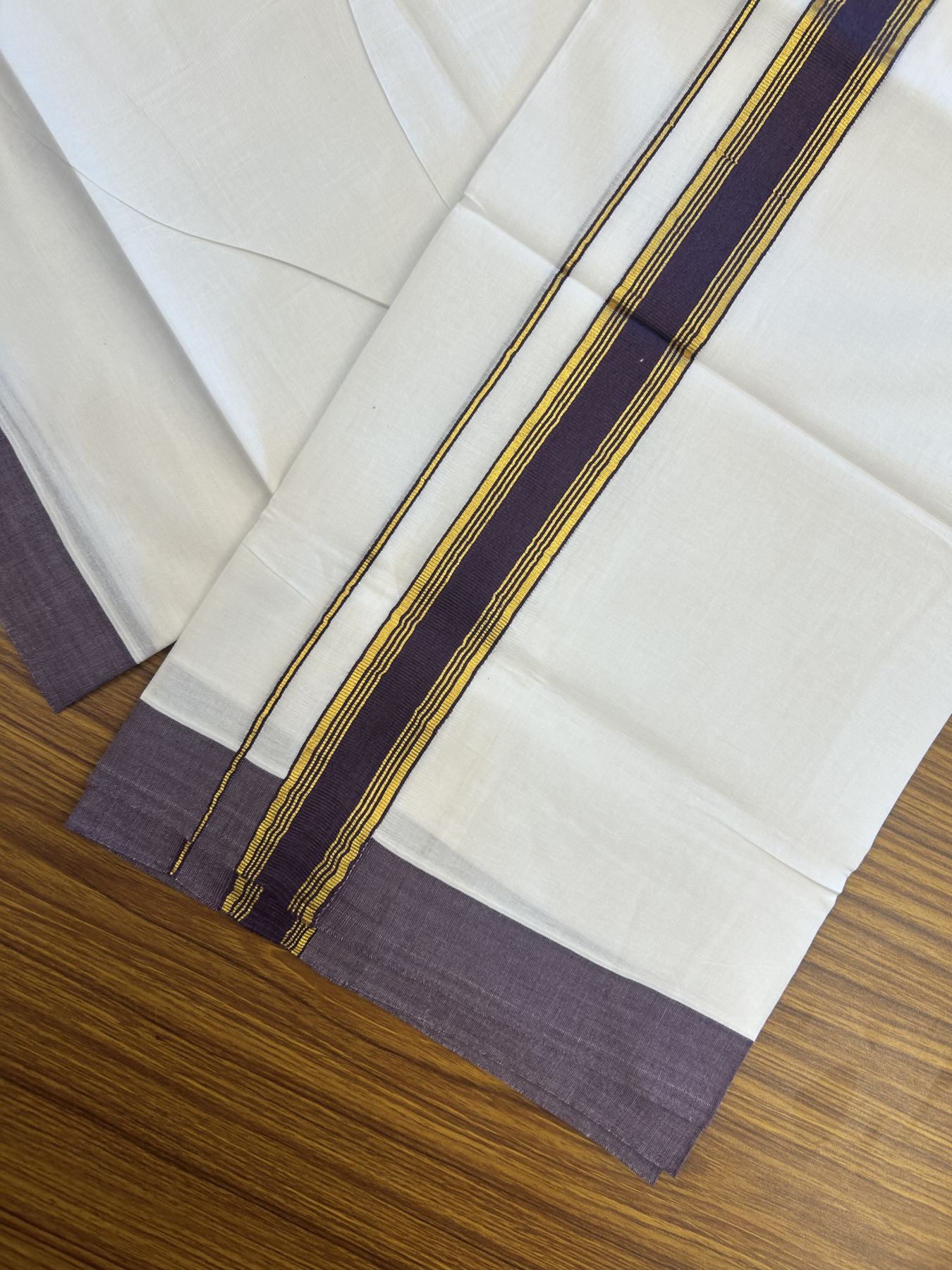 20% Discount! KaithariKada Balaramapuram 100% Cotton Double Pure white Mundu/Dhoti- 100x80 - 1.25 inch Gold Kasav & Deep Purple Stripes kara 3.75 mtr (8 muzham) - 40 KK5315 VAS