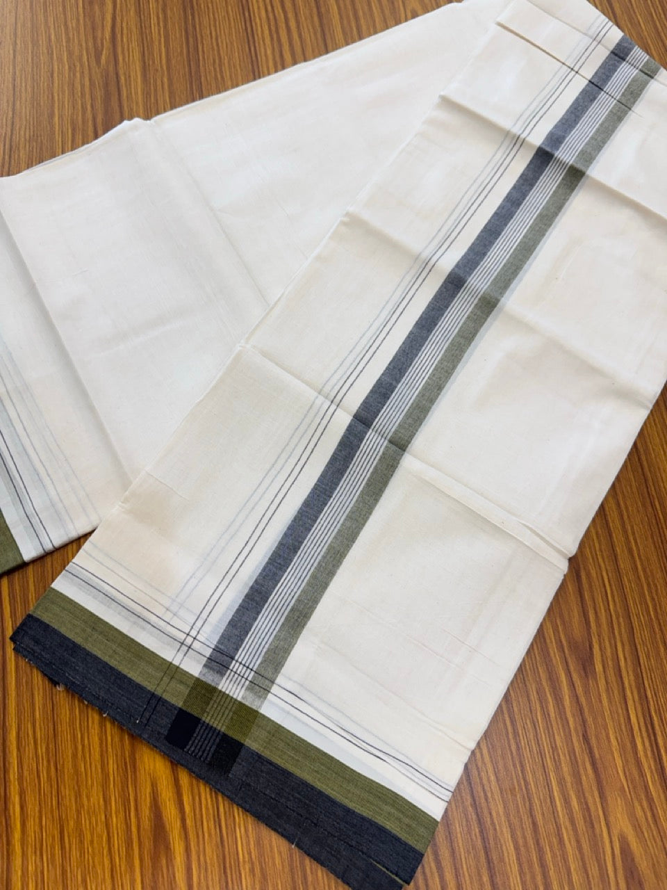 20% Discount! KaithariKada Balaramapuram 100% Cotton Off white Double Mundu/Dhoti - (100x80)S - 1.5 inch Olive Green & Black Shaded & Striped Kara - 4mtr (8.5muzham) - 102 KK5255 VAS