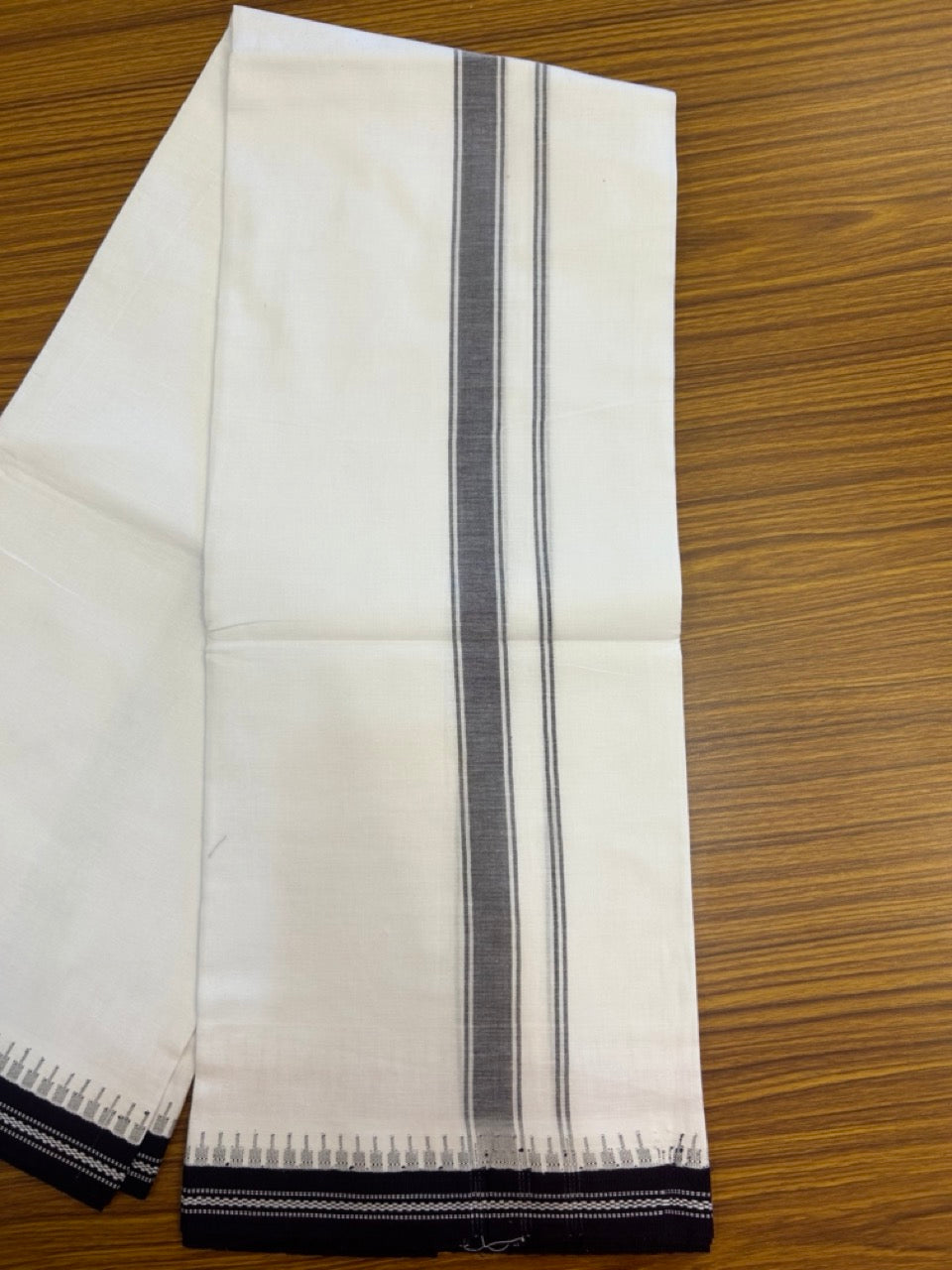 Premium Kathar Type Mercerised Pure Cotton Single Mund Kaitharikada Special - Kaily / Lungi - 1 inch Dark Purple Striped kara White Body Kuppadam Border (2 meter / 4 muzham) - 4 KK8034 MUT