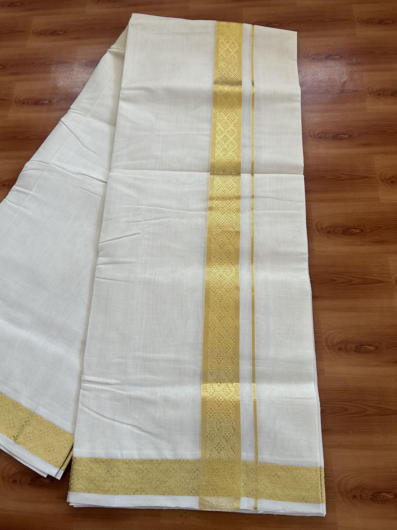 25% Discount ! KaithariKada Kerala Handloom Millpaav - 100% Pure Cotton Off White- (Unbleached) Double Mundu/Dhoti - 80x90 - 1.5 inch Gold Kasav Jacquard Design Kara 4 mtr (8.5 Muzham) - 40 KK5383 RAM