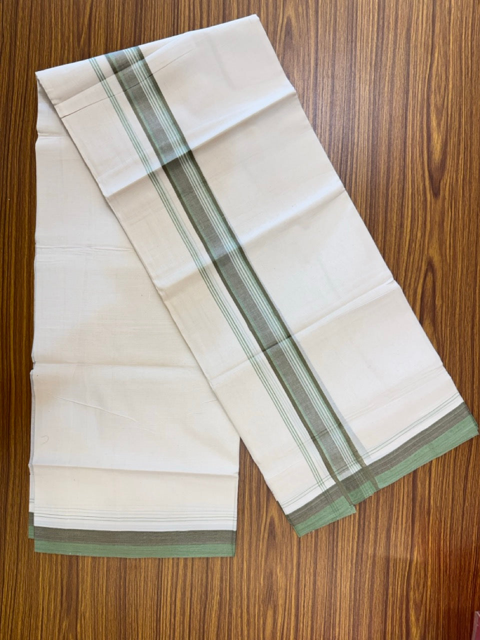 20% Discount! KaithariKada Balaramapuram 100% Cotton Off white Double Mundu/Dhoti - (100x80)S - 1.5 inch Sage Green & Mint Green Shaded & Striped Kara - 4mtr (8.5muzham) - 103 KK5255 VAS