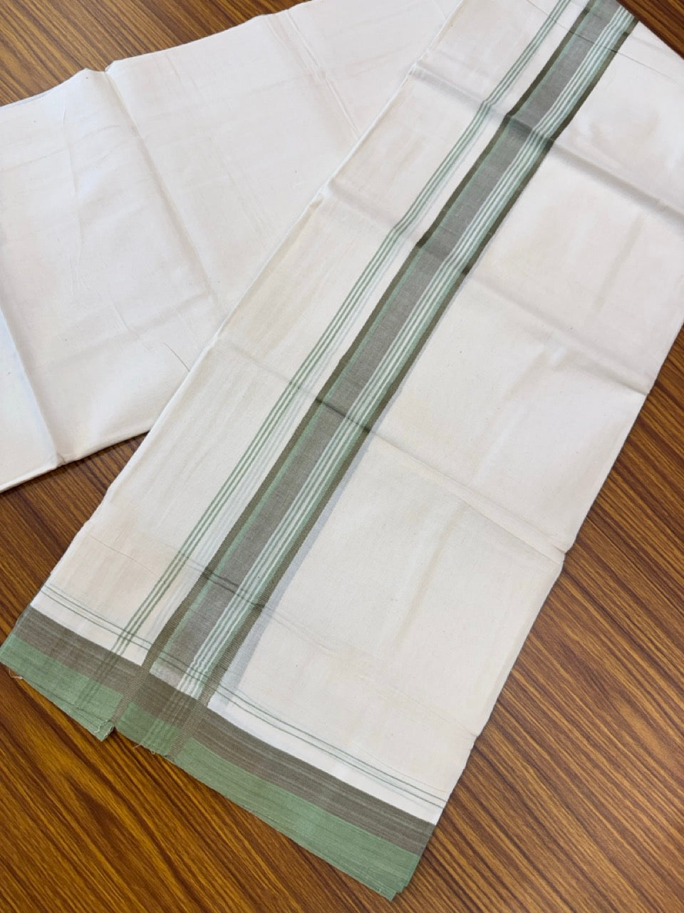 20% Discount! KaithariKada Balaramapuram 100% Cotton Off white Double Mundu/Dhoti - (100x80)S - 1.5 inch Sage Green & Mint Green Shaded & Striped Kara - 4mtr (8.5muzham) - 103 KK5255 VAS