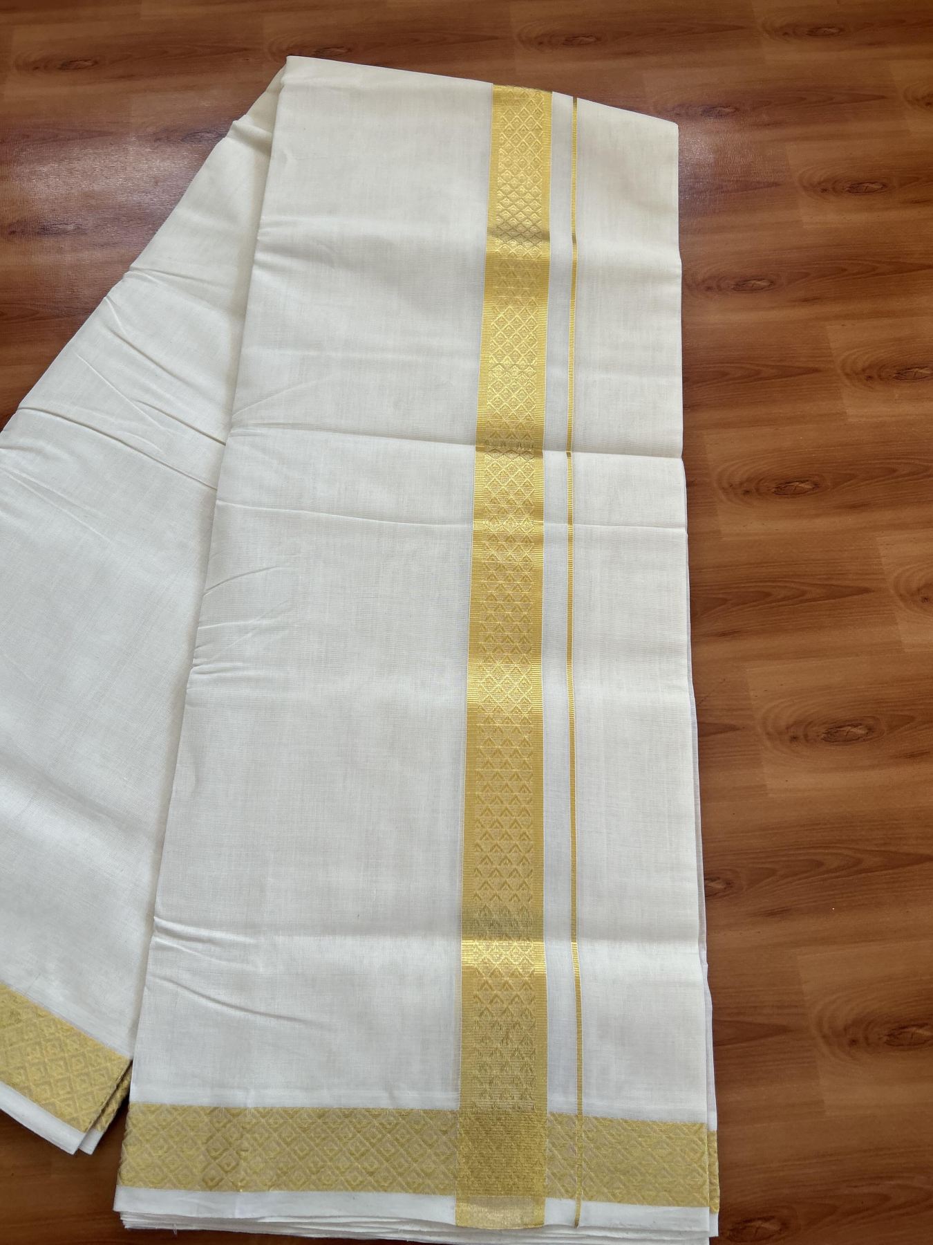 25% Discount ! KaithariKada Kerala Handloom Millpaav - 100% Pure Cotton Off White- (Unbleached) Double Mundu/Dhoti - 80x90 - 1.5 inch Gold Kasav Jacquard Design Kara 4 mtr (8.5 Muzham) - 39 KK5383 RAM