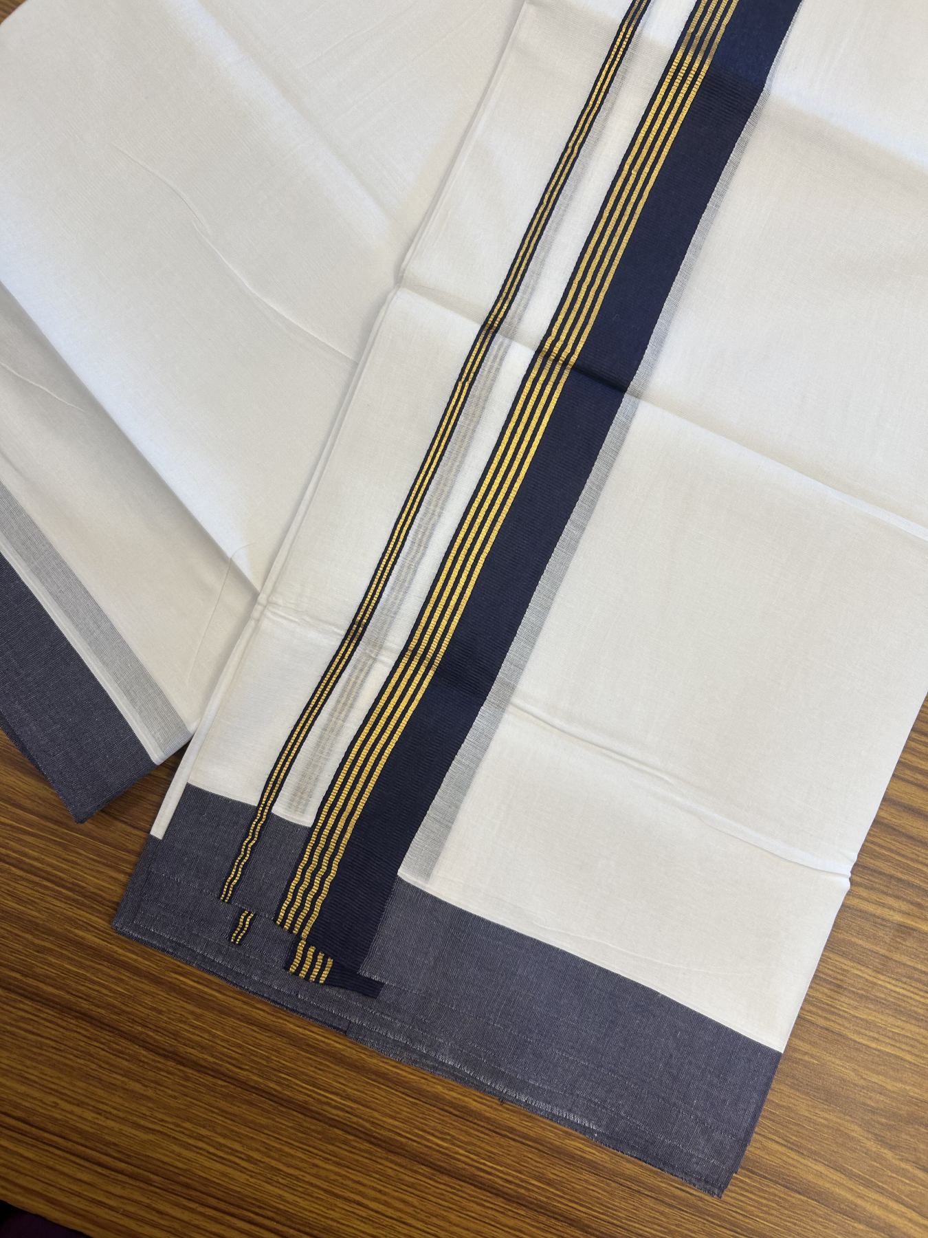 20% Discount! KaithariKada Balaramapuram 100% Cotton Double Pure white Mundu/Dhoti- 100x80 - 1.25 inch Gold Kasav & Navy Blue Stripes kara 3.75 mtr ( 8 muzham) - 35 KK5315 VAS