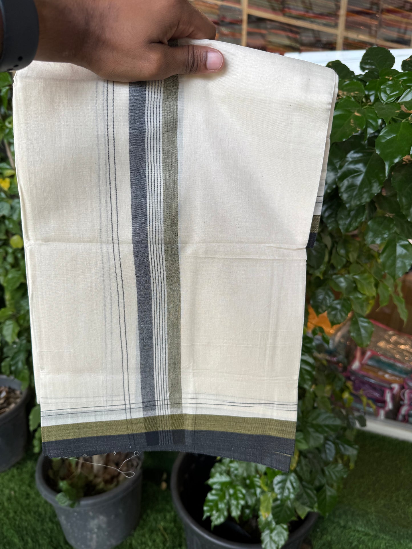 20% Discount! KaithariKada Balaramapuram 100% Cotton Off white Double Mundu/Dhoti - (100x80)S - 1.5 inch Olive Green & Black Shaded & Striped Kara - 4mtr (8.5muzham) - 102 KK5255 VAS