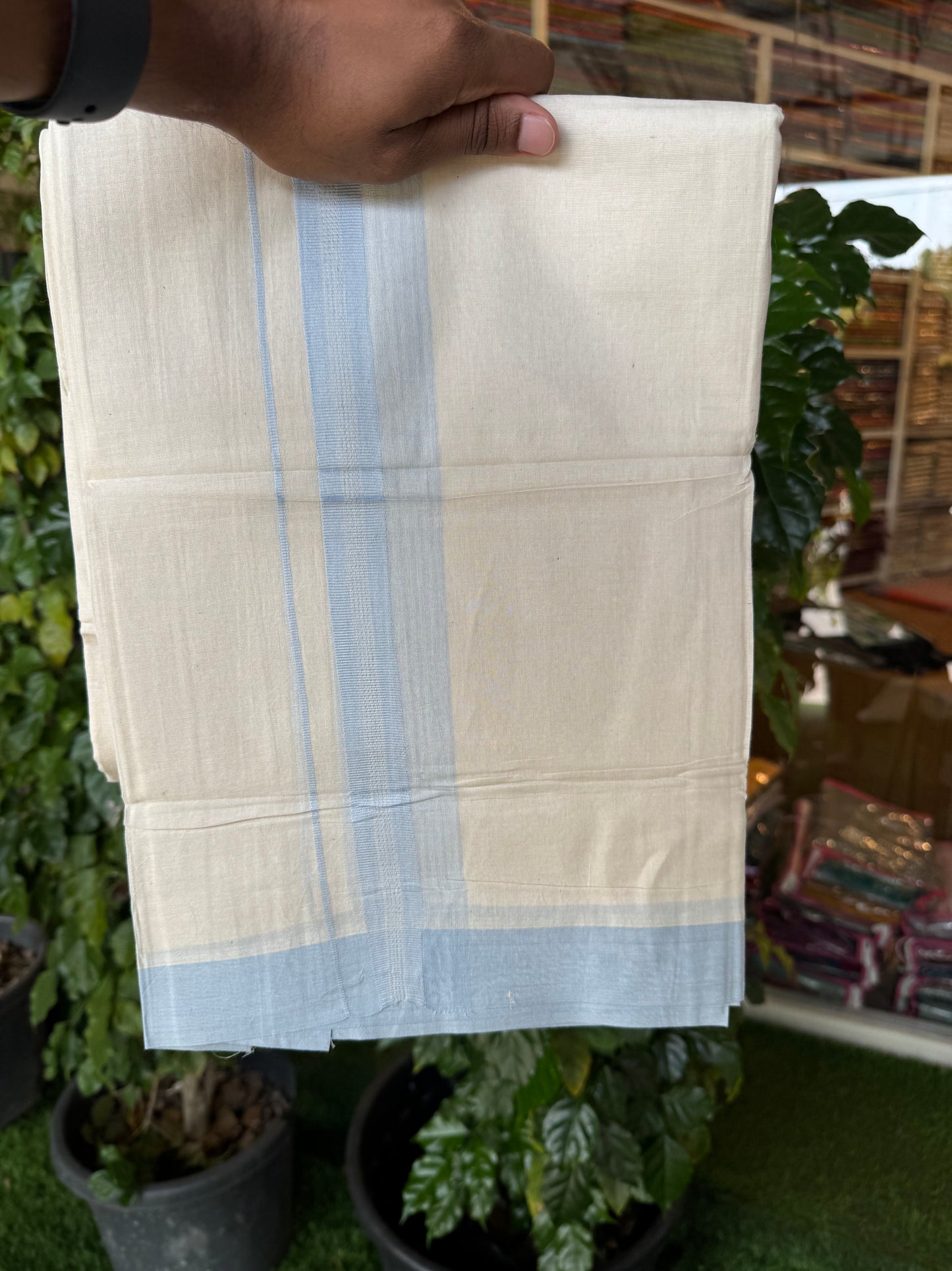 20% Discount! KaithariKada Balaramapuram 100% Cotton Off white Double Mundu/Dhoti - (100x80)S - 1.75 inch Sky Blue Shaded & Striped Kara - 4mtr (8.5muzham) - 95 KK5255 VAS