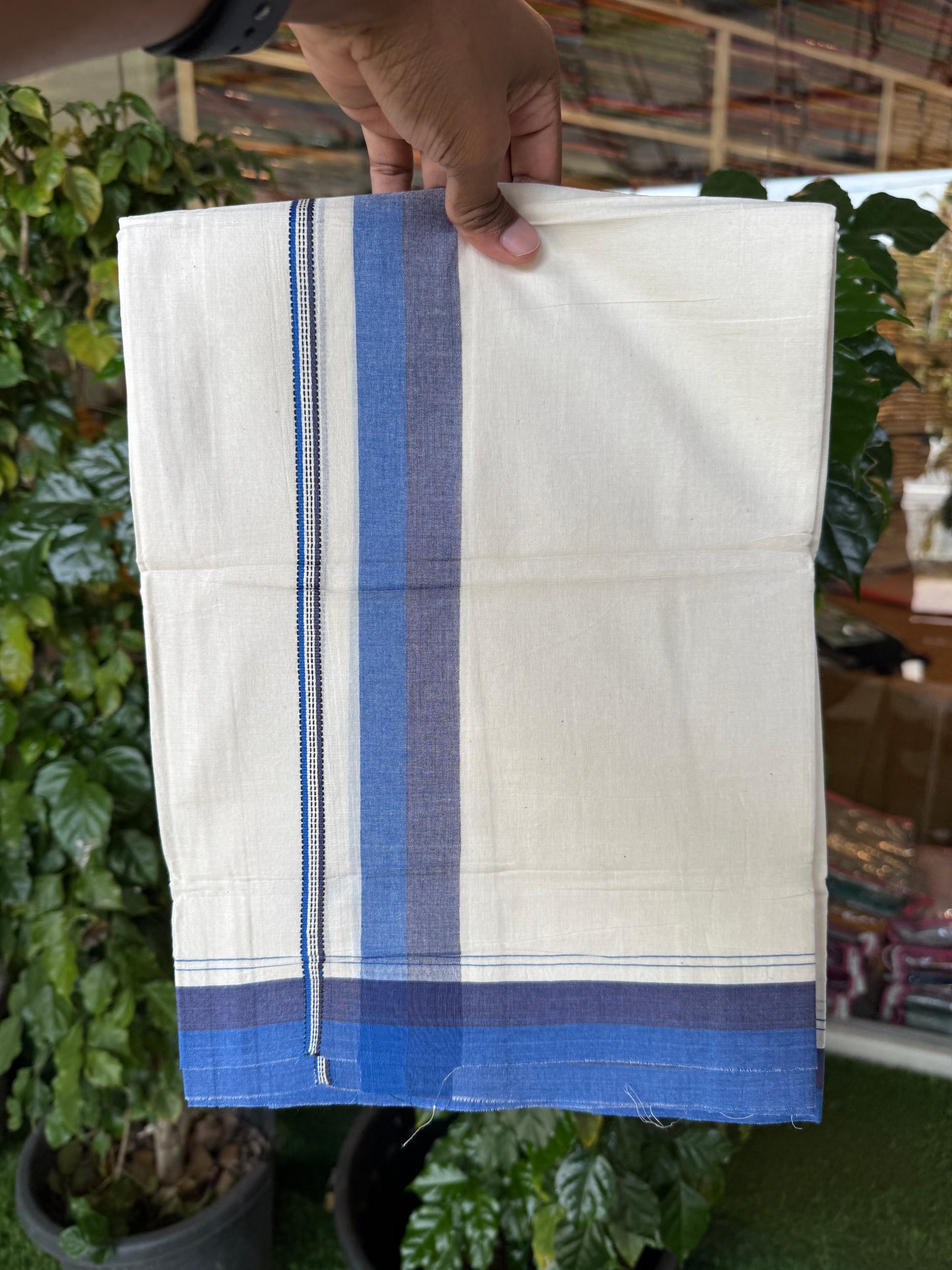 20% Discount! KaithariKada Balaramapuram 100% Cotton Off white Double Mundu/Dhoti - (100x80)S - 1.5 inch Navy Blue & Blue Shaded Kara - 4mtr (8.5muzham) - 94 KK5255 VAS