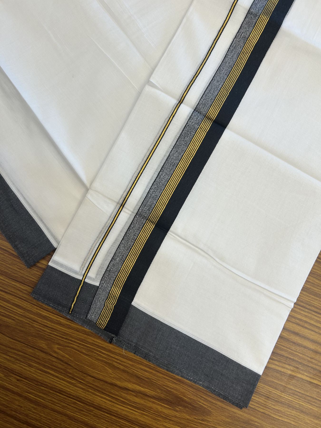 20% Discount! KaithariKada Balaramapuram 100% Cotton Double Pure white Mundu/Dhoti- 100x80 - 1.5 inch Gold Kasav & Black Stripes kara 3.75 mtr (8 muzham) - 42 KK5315 VAS