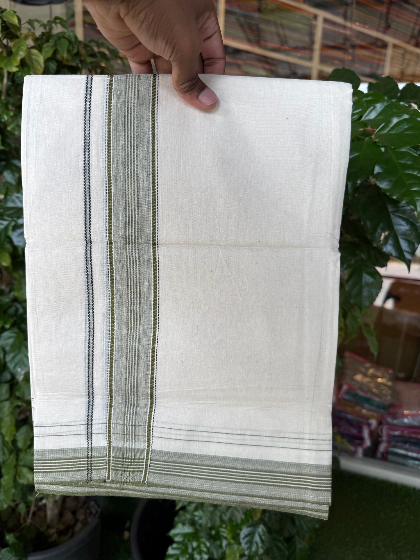 20% Discount! KaithariKada Balaramapuram 100% Cotton Off white Double Mundu/Dhoti - (100x80)S - 1.5 inch Olive Green Shaded Striped Kara - 4mtr (8.5muzham) - 92 KK5255 VAS