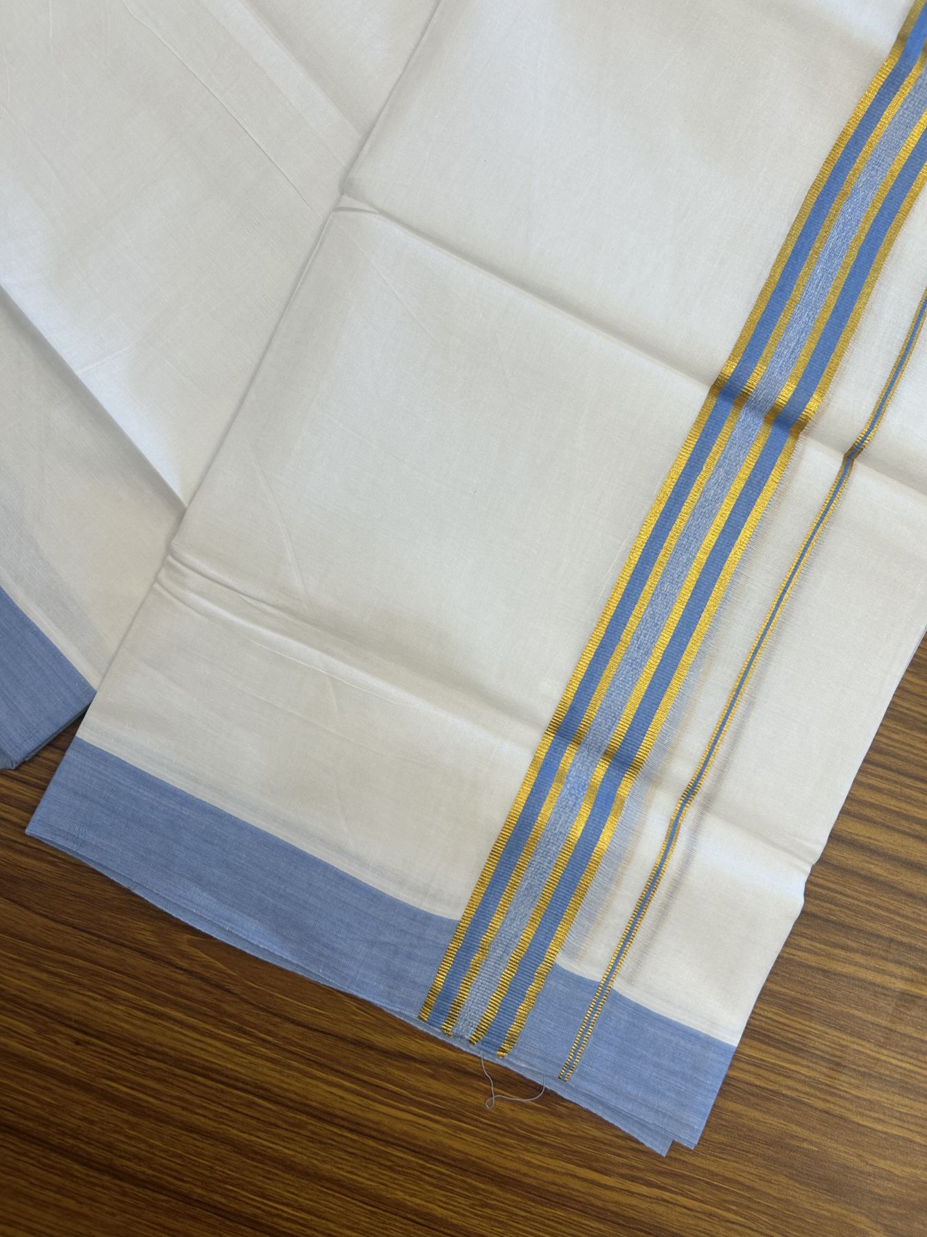 20% Discount! KaithariKada Balaramapuram 100% Cotton Double Pure white Mundu/Dhoti- 100x80 - 1.25 inch Gold Kasav & Sky Blue kara 3.75 mtr ( 8 muzham) - 8 KK5315 VAS