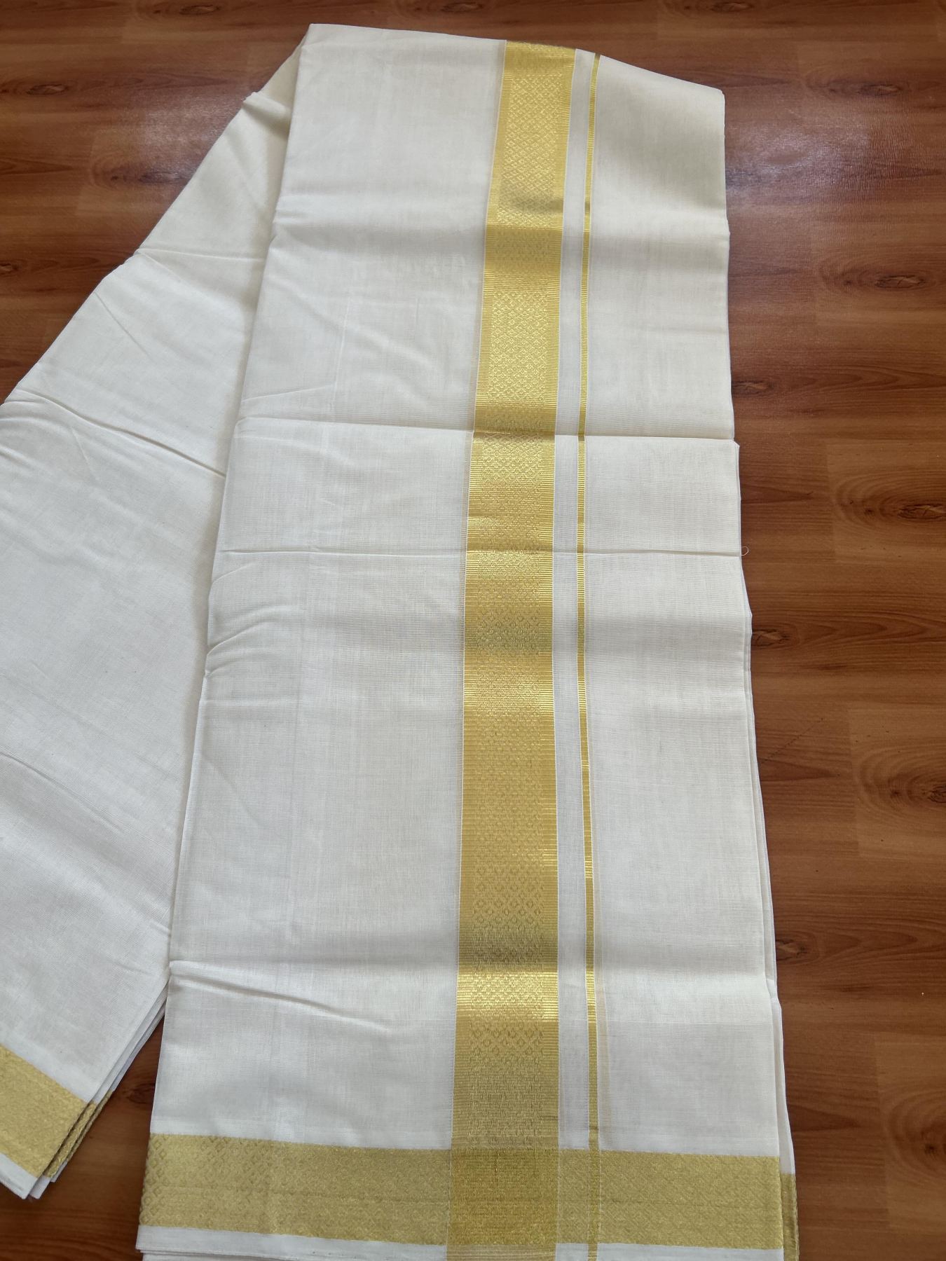 25% Discount ! KaithariKada Kerala Handloom Millpaav - 100% Pure Cotton Off White- (Unbleached) Double Mundu/Dhoti - 80x90 - 1.75 inch Gold Kasav Jacquard Design Kara 4 mtr (8.5 Muzham) - 38 KK5383 RAM