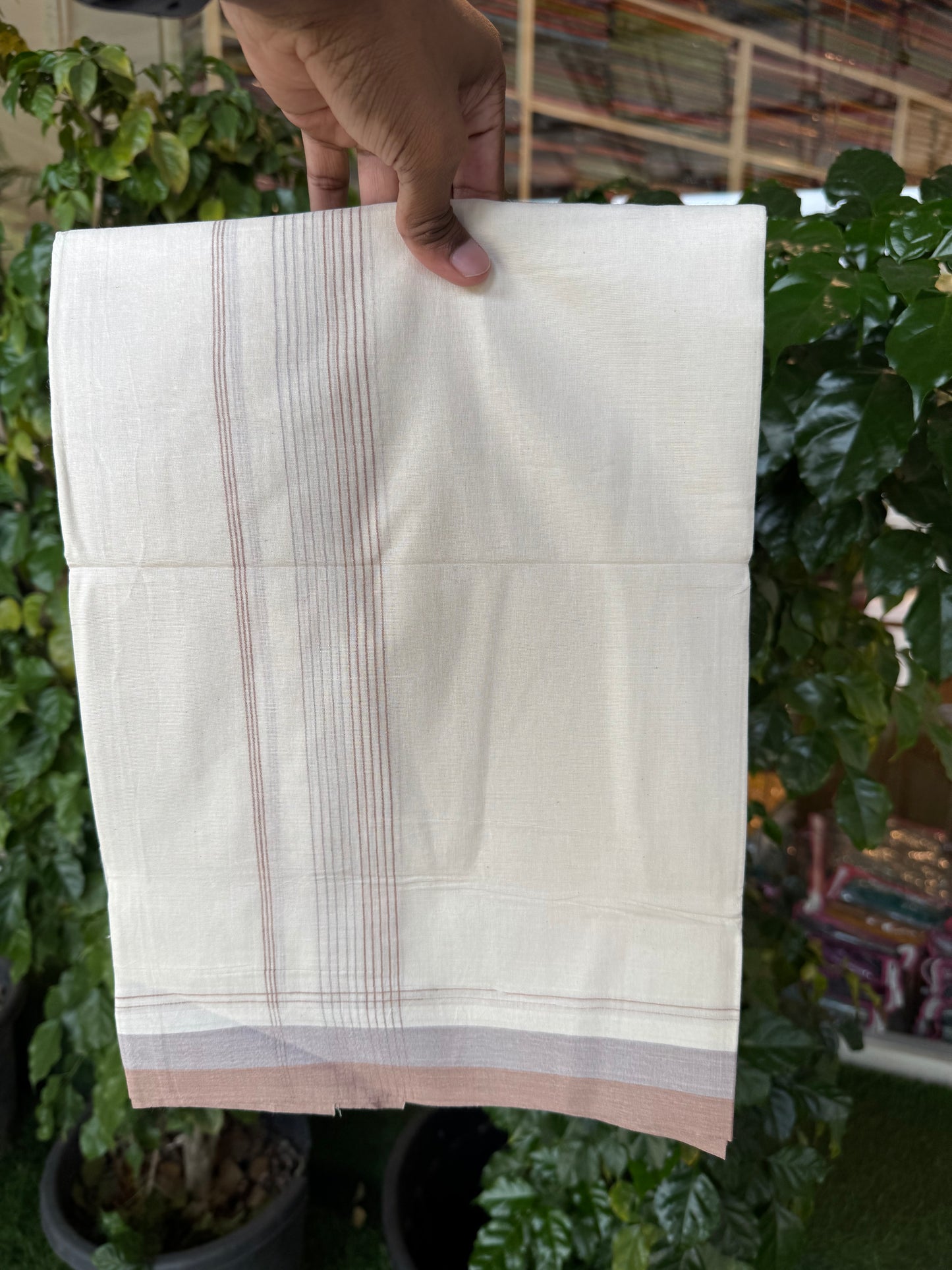 20% Discount! KaithariKada Balaramapuram 100% Cotton Off white Double Mundu/Dhoti - (100x80)S - 1.25 inch Brown & Lavender Shaded Striped Kara - 4mtr (8.5muzham) - 90 KK5255 VAS