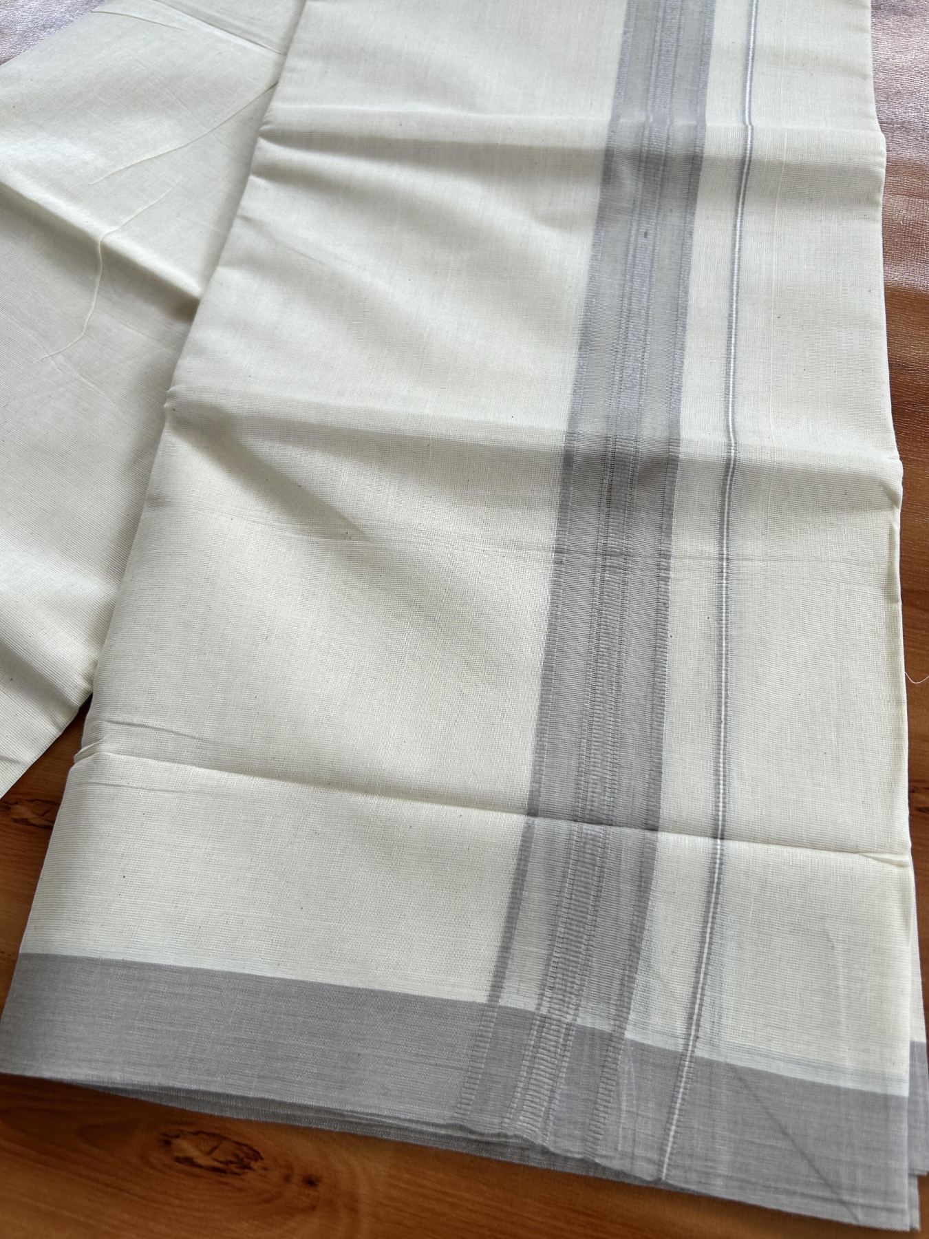 Double Off White (Unbleached) Mundu/Dhoti - 20% Discount! KaithariKada Pure Cotton - 60s - 1.25 inch Ash Grey Shaded Striped Kara 4 mtr (8.5 Muzham) - 70 KK5460 PMC