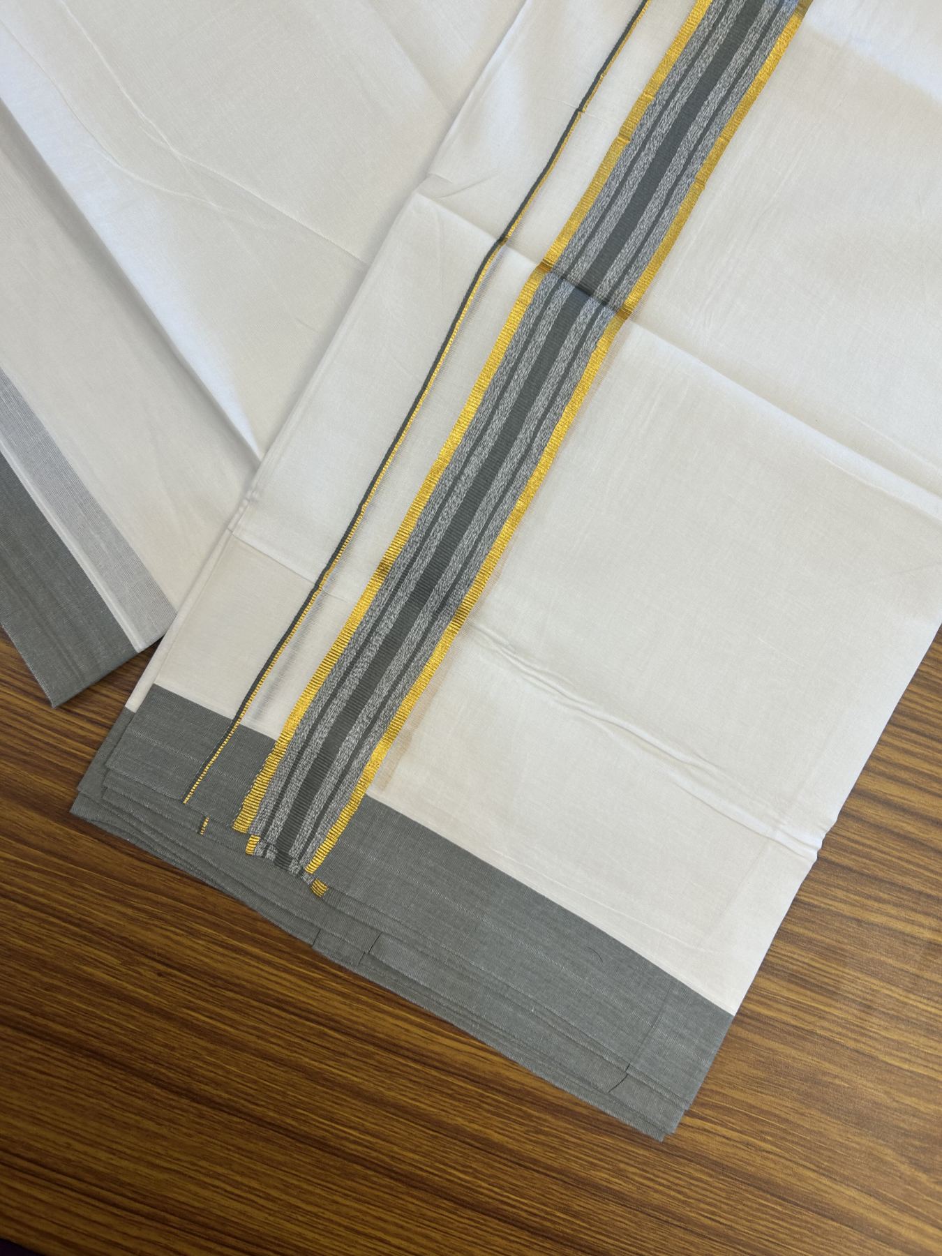 20% Discount! KaithariKada Balaramapuram 100% Cotton Double Pure white Mundu/Dhoti- 100x80 - 1.25 inch Gold Kasav & Grey Green Stripes kara 3.75 mtr ( 8 muzham) - 11 KK5315 VAS