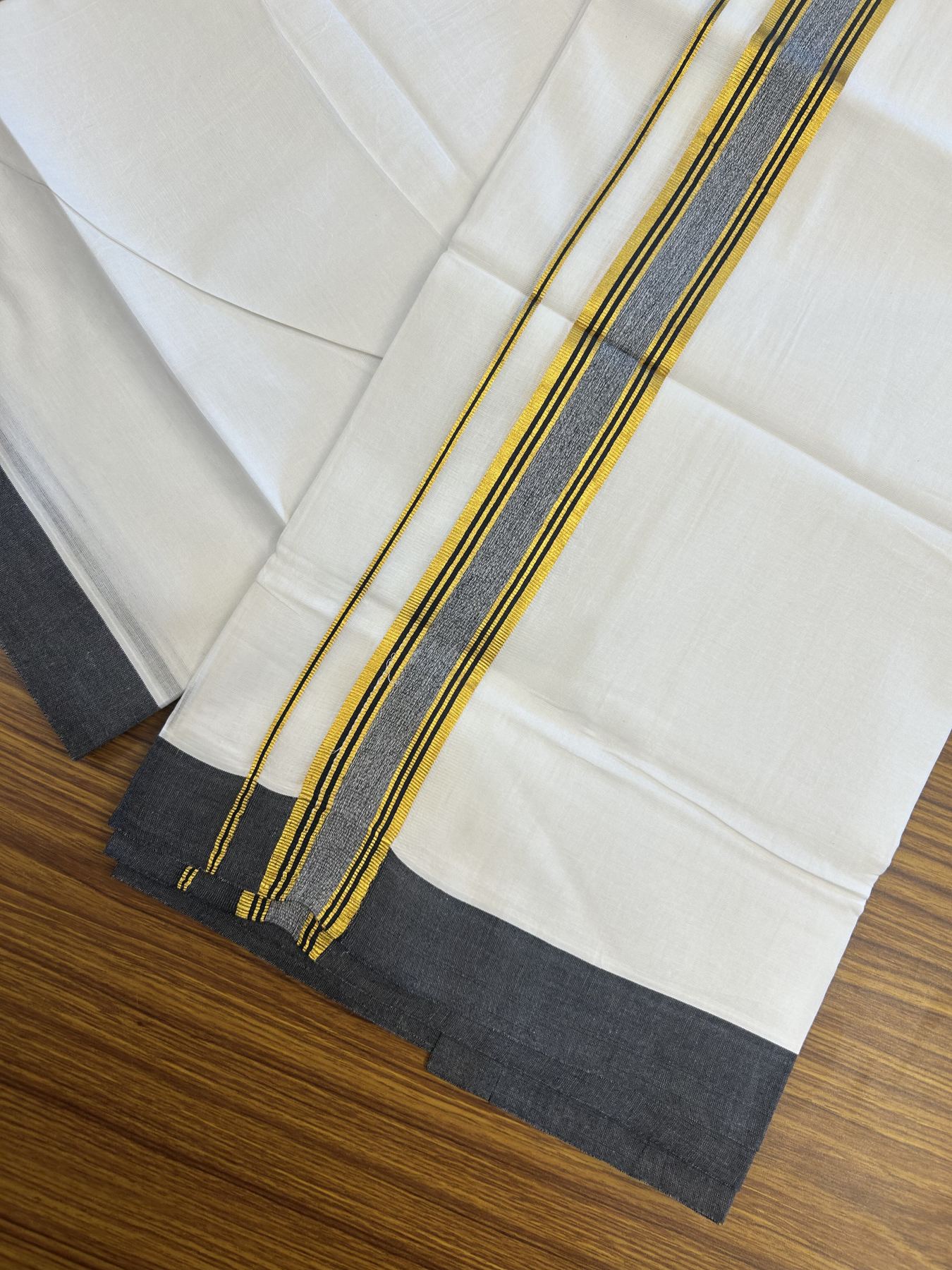 20% Discount! KaithariKada Balaramapuram 100% Cotton Double Pure white Mundu/Dhoti- 100x80 - 1.25 inch Gold Kasav & Black Stripes kara 3.75 mtr ( 8 muzham) - 36 KK5315 VAS