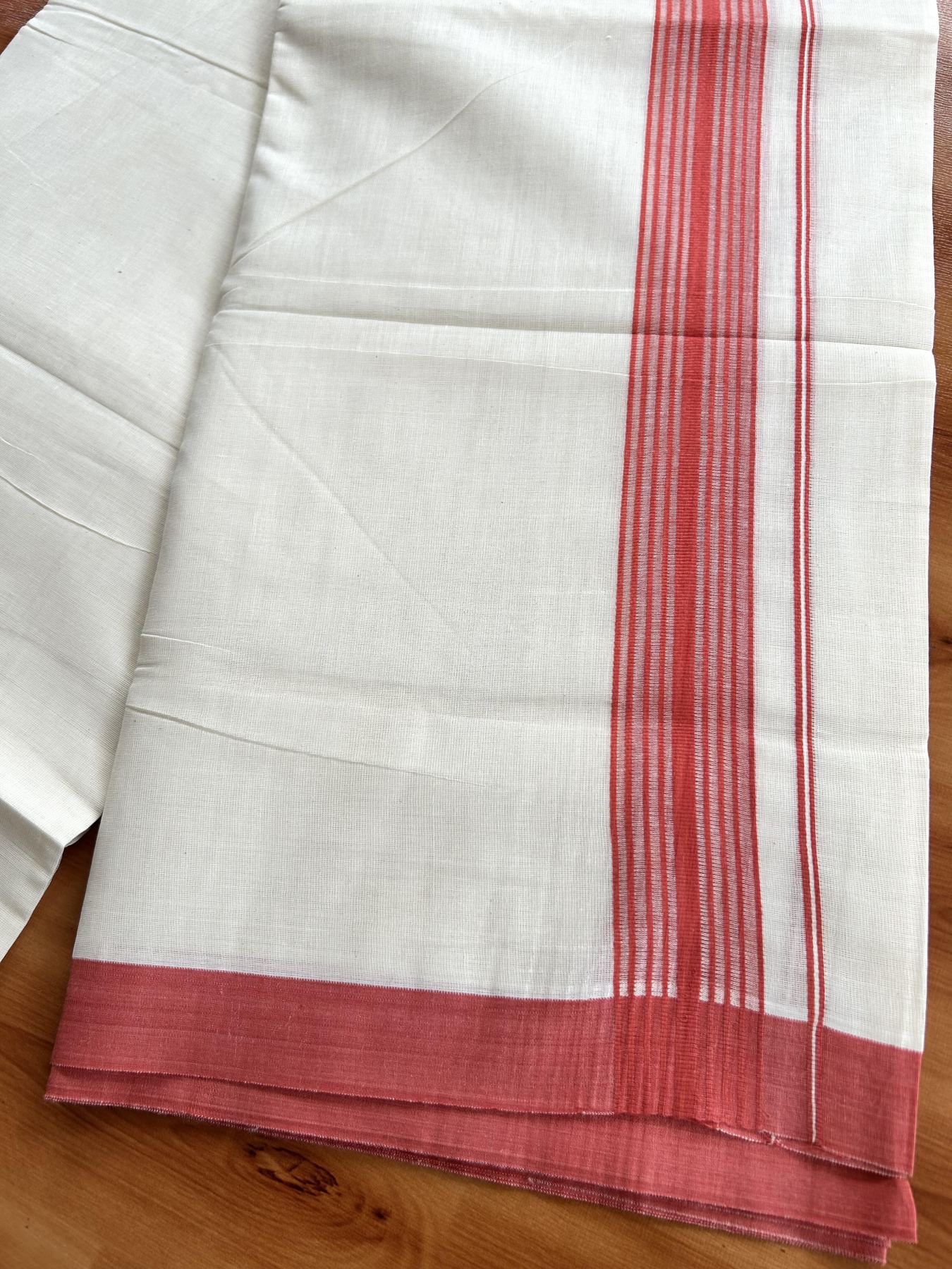 Double Off White (Unbleached) Mundu/Dhoti - 20% Discount! KaithariKada Pure Cotton - 60s - 1.5 inch Peach Red Shaded Striped Kara 4 mtr (8.5 Muzham) - 71 KK5460 PMC