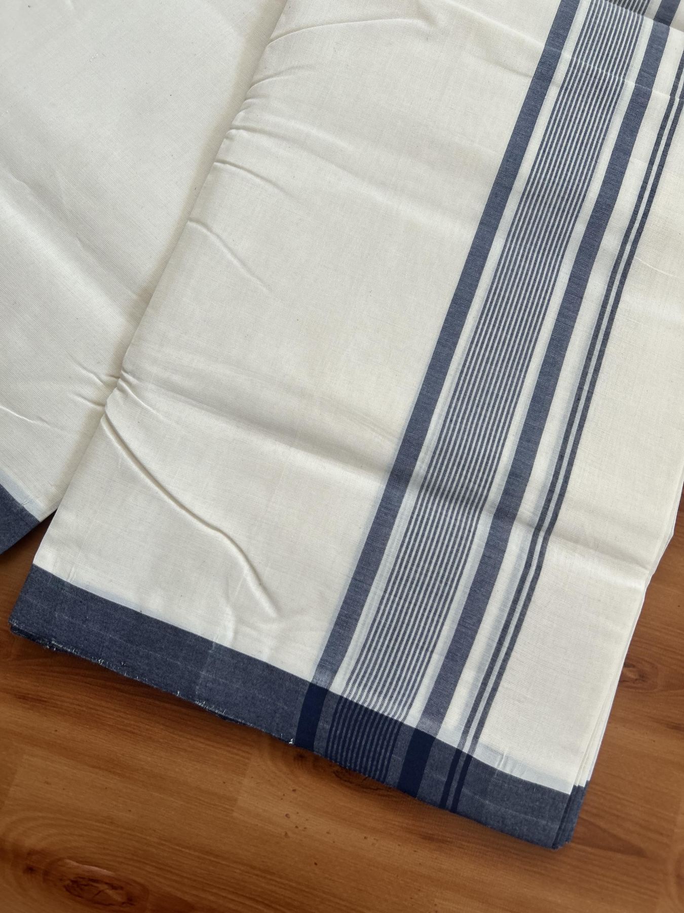 25% Discount! KaithariKada Handloom Millpaav - Kerala Handloom - Cotton Double Mundu/Dhoti Off white (Unbleached) - 80x90 - 2 inch Navy Blue Shaded Stripes Kara 4.00 meter (8.5 Muzham) - 84 KK5383 RAM