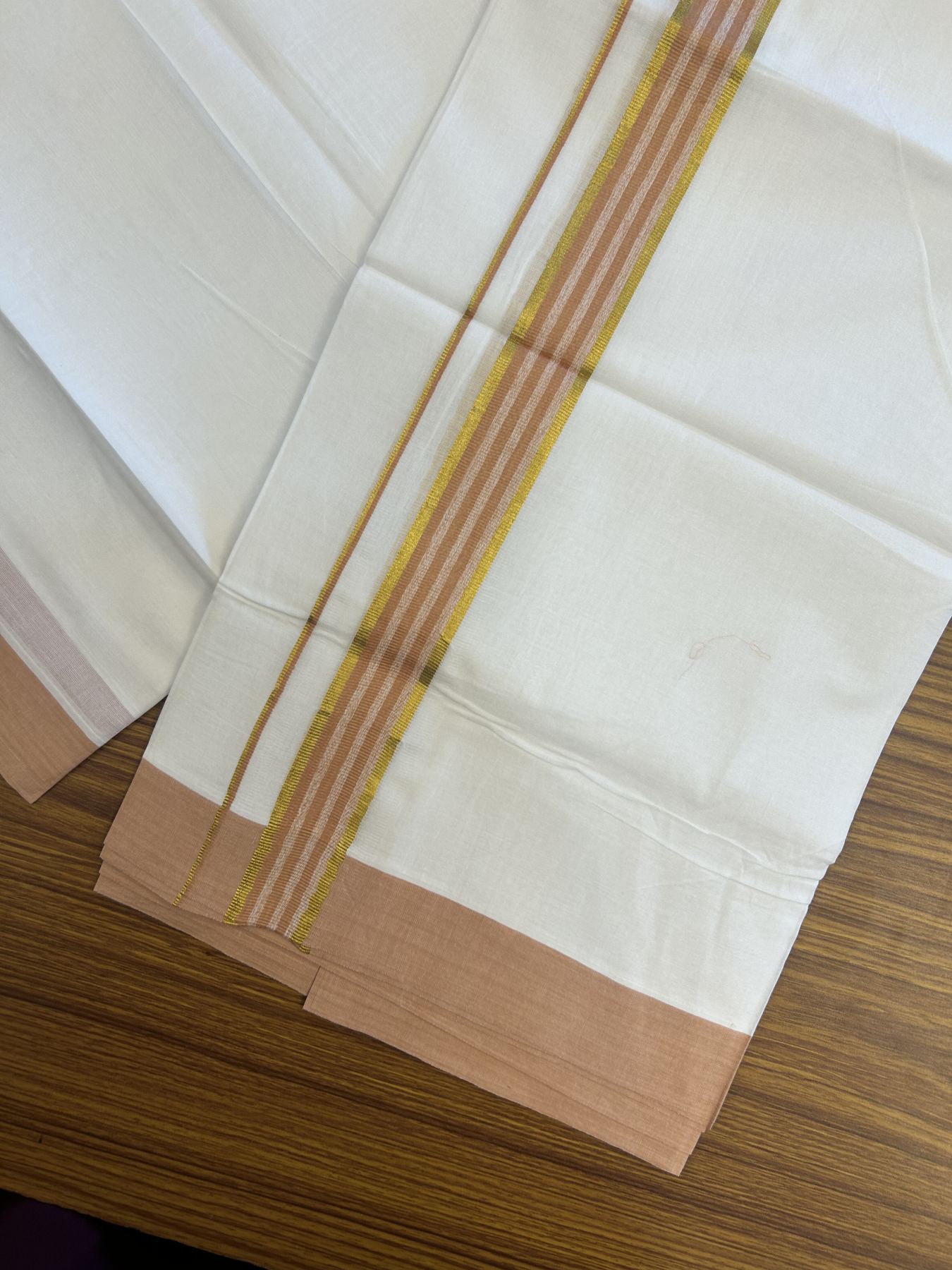 20% Discount! KaithariKada Balaramapuram 100% Cotton Double Pure white Mundu/Dhoti- 100x80 - 1.25 inch Silver Kasav & Pestel Orange kara 3.75 mtr ( 8 muzham) - 7 KK5315 VAS