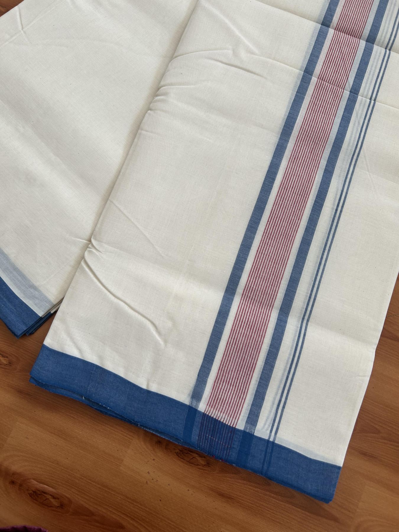 25% Discount! KaithariKada Handloom Millpaav - Kerala Handloom - Cotton Double Mundu/Dhoti Off white (Unbleached) - 80x90 - 2 inch Peacock Blue & Red Shaded Stripes Kara 4.00 meter (8.5 Muzham) - 90 KK5383 RAM