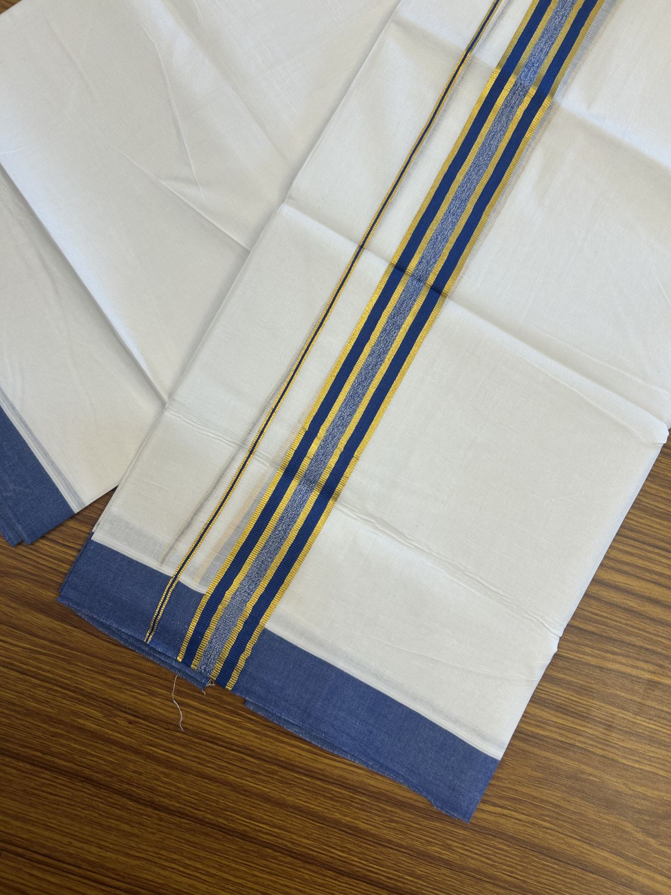 20% Discount! KaithariKada Balaramapuram 100% Cotton Double Pure white Mundu/Dhoti- 100x80 - 1.5 inch Gold Kasav & Blue Stripes kara 3.75 mtr (8 muzham) - 47 KK5315 VAS