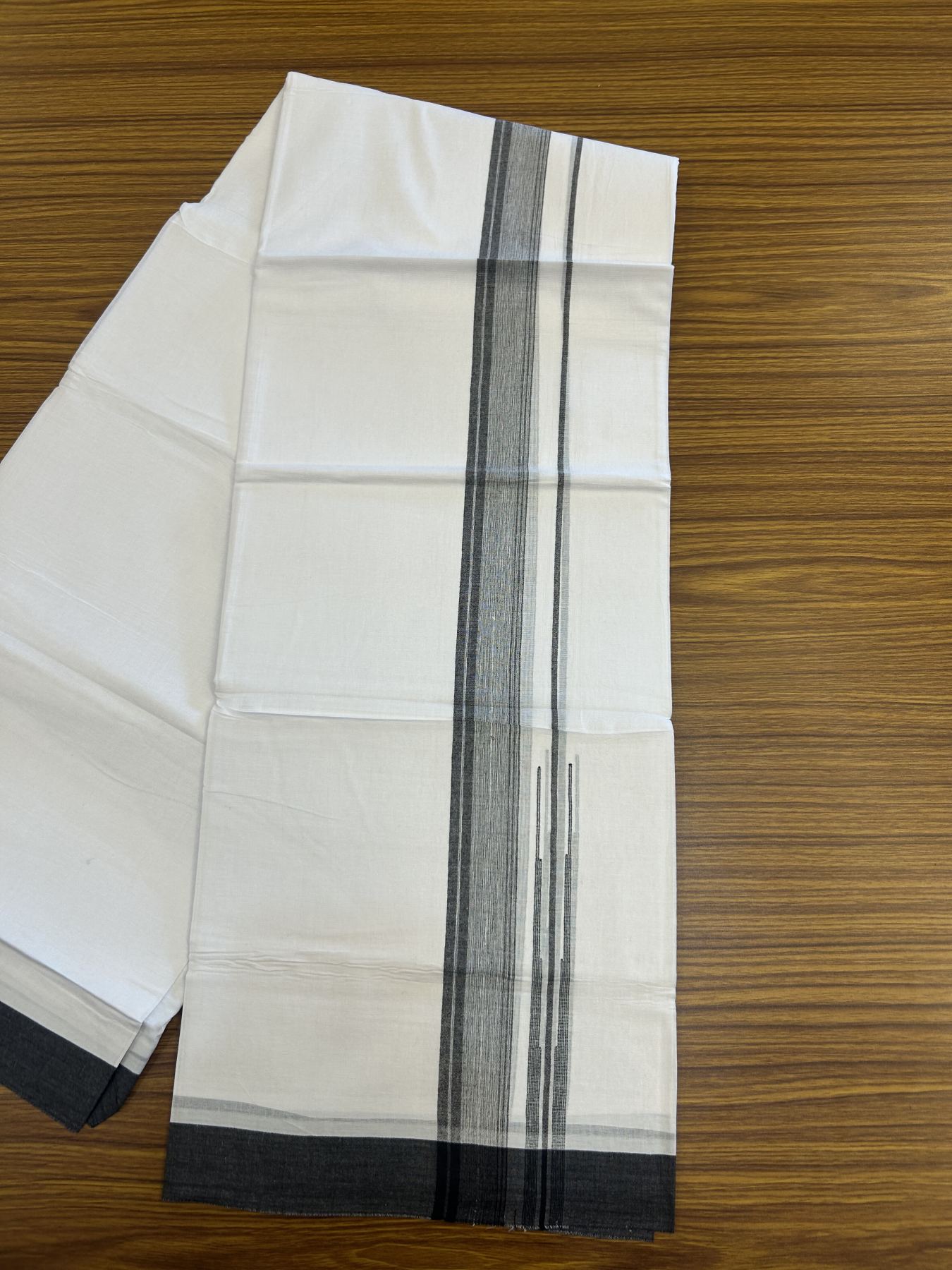 20% Discount! KaithariKada Balaramapuram 100% Cotton Double Pure white Mundu/Dhoti- 100x80 - 1.5 inch Black shaded striped chutty kara - 3.75 mtr ( 8 muzham) - 19 KK5315 VAS