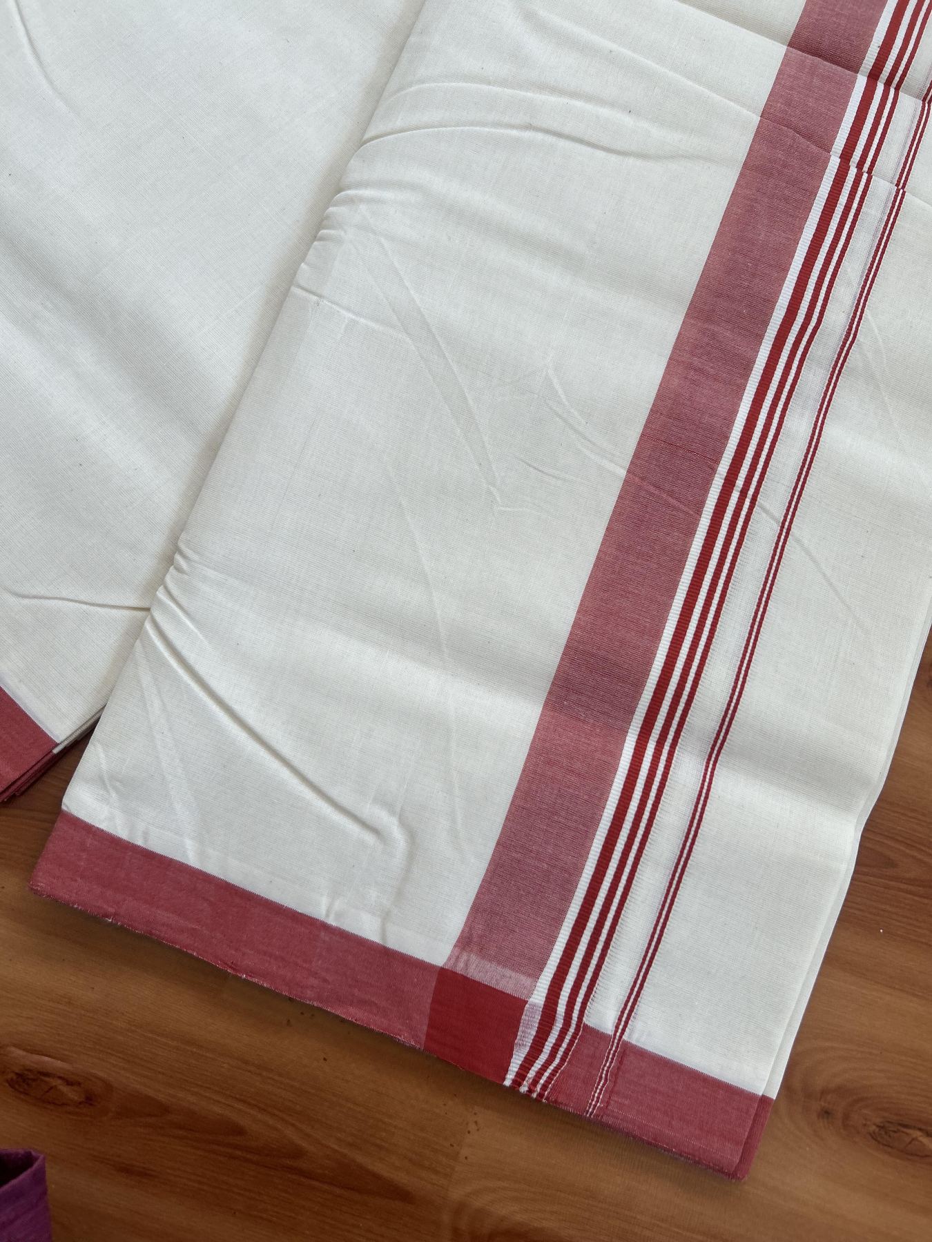 25% Discount! KaithariKada Handloom Millpaav - Kerala Handloom - Cotton Double Mundu/Dhoti Off white (Unbleached) - 80x90 - 1.75 inch Red Shaded Stripes Kara 4.00 meter (8.5 Muzham) - 93 KK5383 RAM