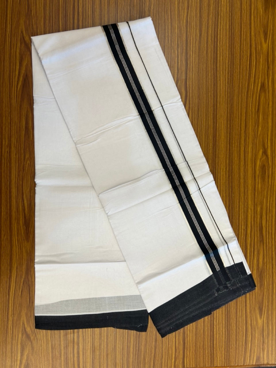 20% Discount ! KaithariKada Balaramapuram 100% Mercerised Cotton Double Ultra Pure white Mundu/Dhoti- 100x80 - 1.5 inch Black & Silver Kasav Striped Kara - 4mtr ( 8 muzham) - 2 KK5237 PMC