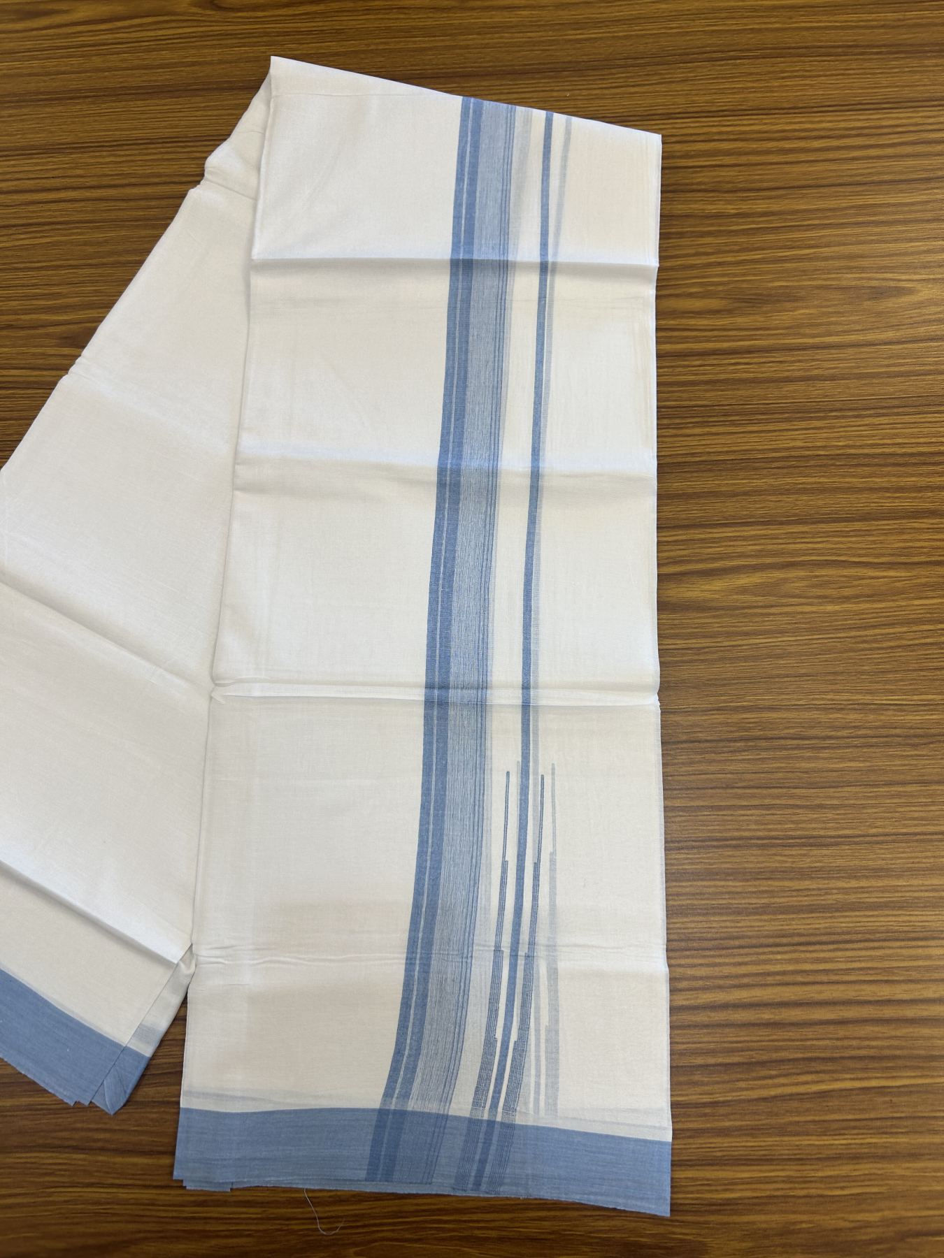20% Discount! KaithariKada Balaramapuram 100% Cotton Double Pure white Mundu/Dhoti- 100x80 - 1.5 inch Blue shaded striped chutty kara - 3.75 mtr ( 8 muzham) - 21 KK5315 VAS