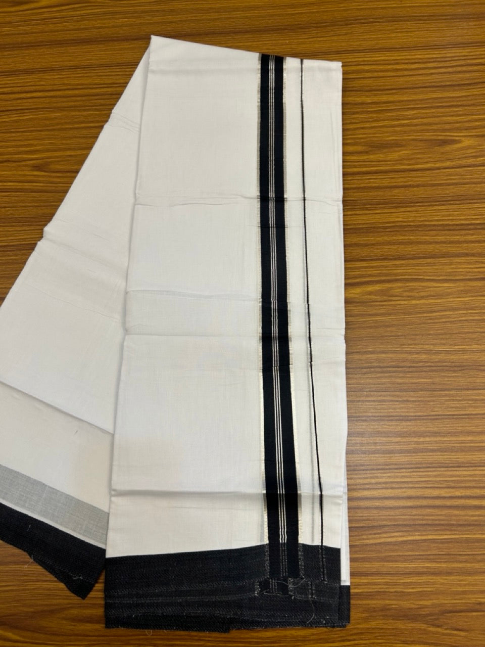 20% Discount ! KaithariKada Balaramapuram 100% Mercerised Cotton Double Ultra Pure white Mundu/Dhoti- 100x80 - 1.5 inch Black & Silver Kasav Striped Kara - 4mtr ( 8 muzham) - 2 KK5237 PMC